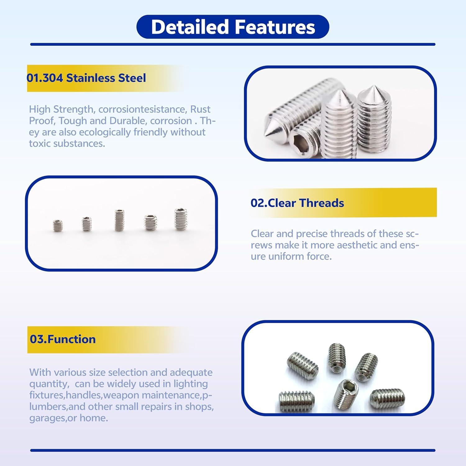 200pcs Stainless Steel Hex Allen Head Socket Set Screw Assortment Kit Socket Set Screw with Internal Hex Drive (Silver)
