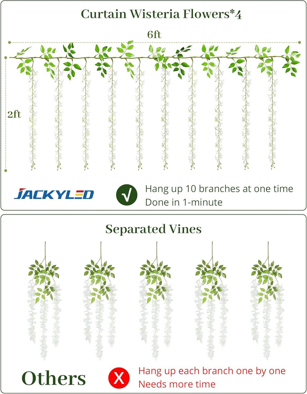 JACKYLED 40 Branches Wisteria Hanging Flowers 6 Feet Artificial White Vine Silk Wisteria Flowers Garland for Wedding Arch Party Garden Home Decor (4 Packs)