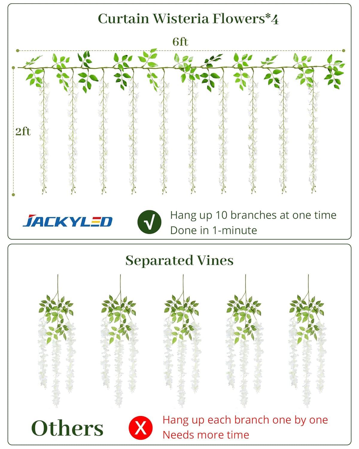 JACKYLED 40 Branches Wisteria Hanging Flowers 6 Feet Artificial White Vine Silk Wisteria Flowers Garland for Wedding Arch Party Garden Home Decor (4 Packs)