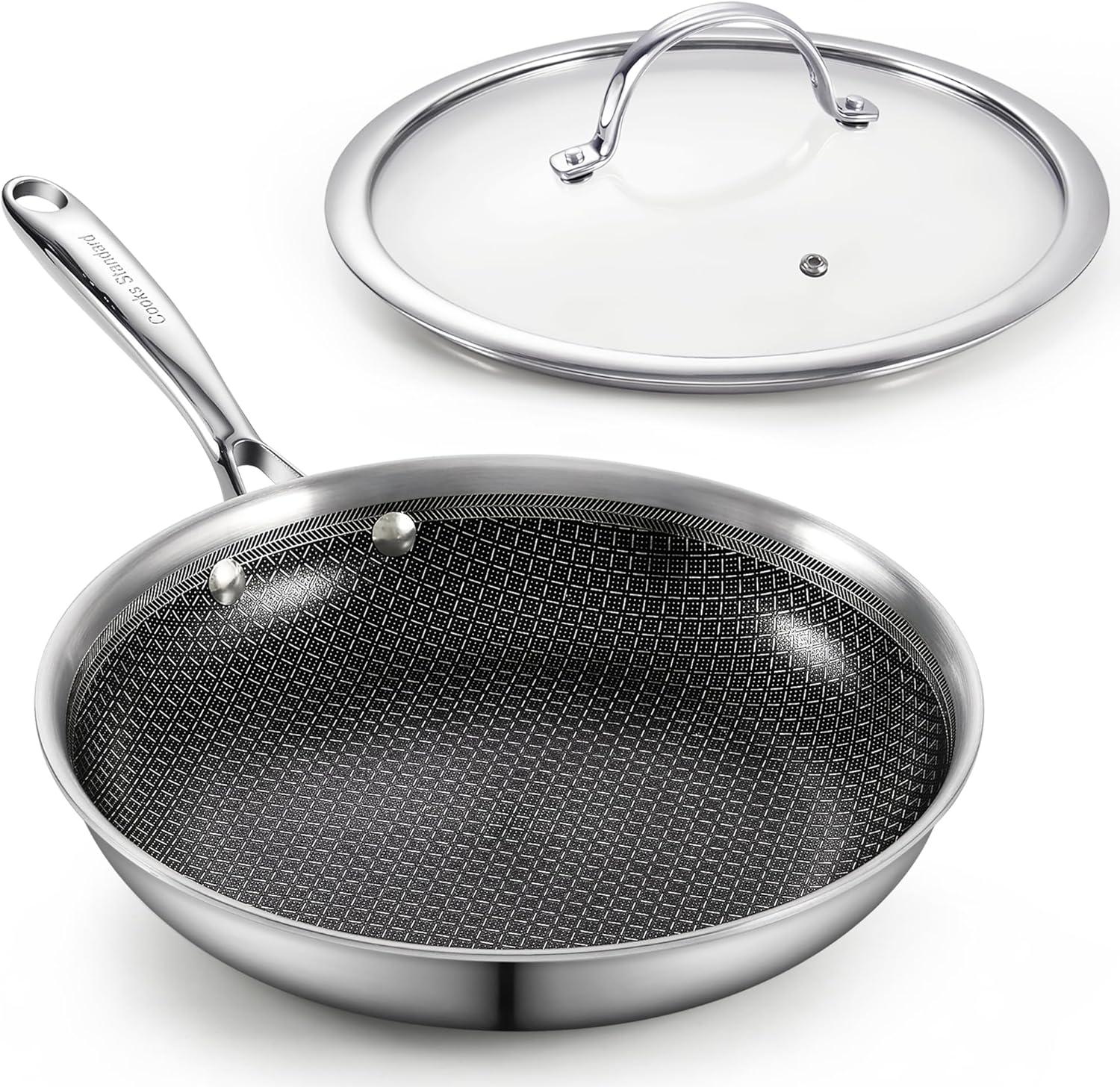 Cooks Standard Hybrid Nonstick Frying Pan, 12-Inch Skillet, Multi-Ply Clad Stainless Steel Fry Pan with Tempered Glass Lids, Oven Safe, Compatible with All Stovetops