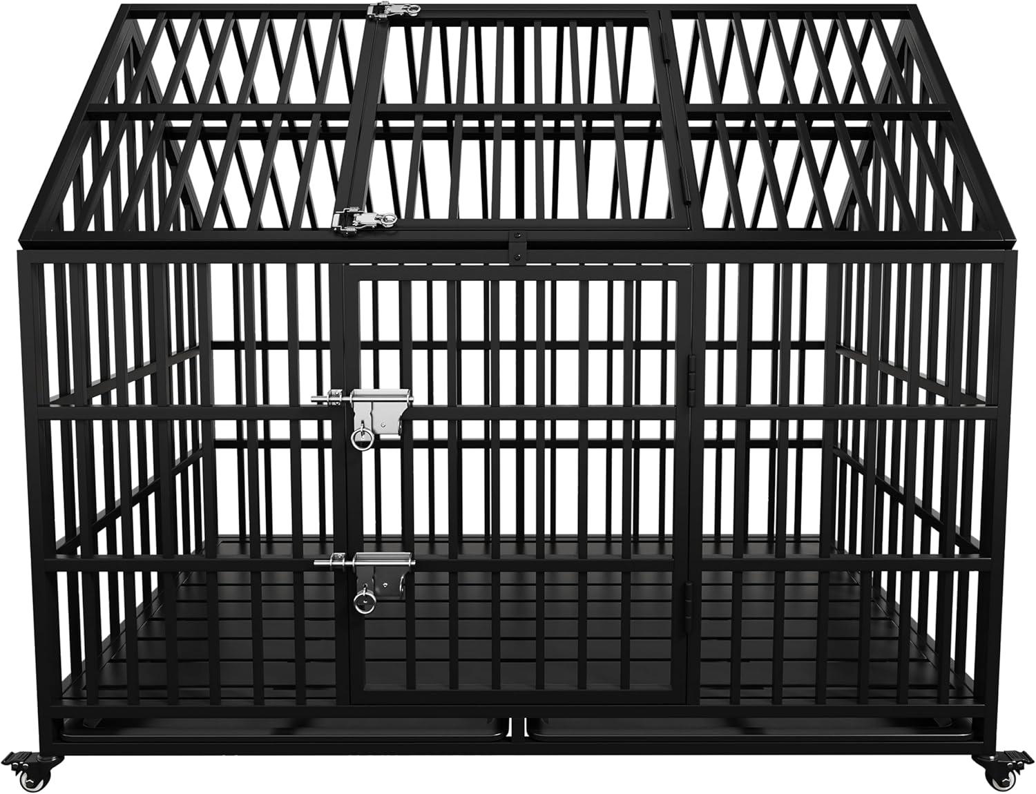 54" Heavy Duty Dog Crate Large Dog cage Strong Metal Dog Kennels and Crates for Large Dogs Top Open with 2 Doors 4 Lockable Wheels 2 Removable Trays