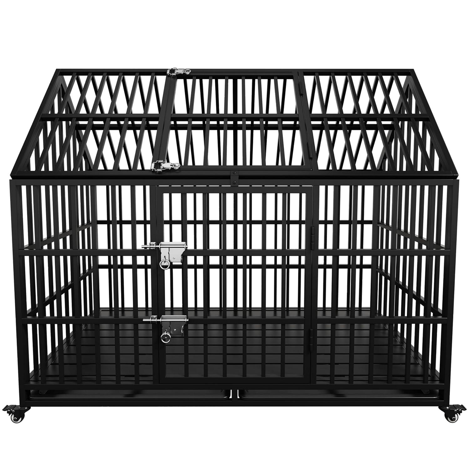 54" Heavy Duty Dog Crate Large Dog cage Strong Metal Dog Kennels and Crates for Large Dogs Top Open with 2 Doors 4 Lockable Wheels 2 Removable Trays