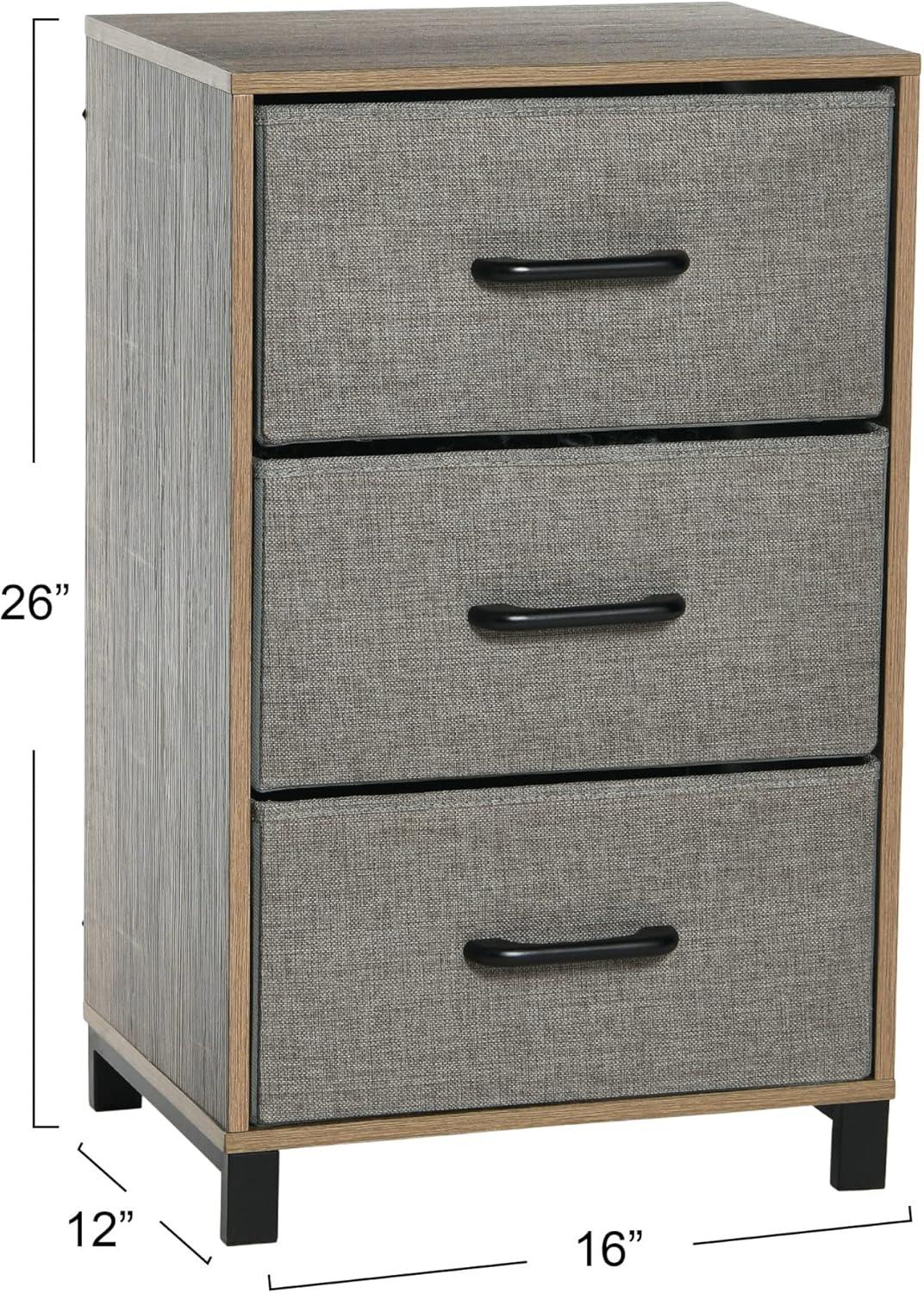 Household Essentials Dresser Nightstand Chest of Drawers Ashwood Rustic Wood Grain with 3 Grey Strorage Drawers