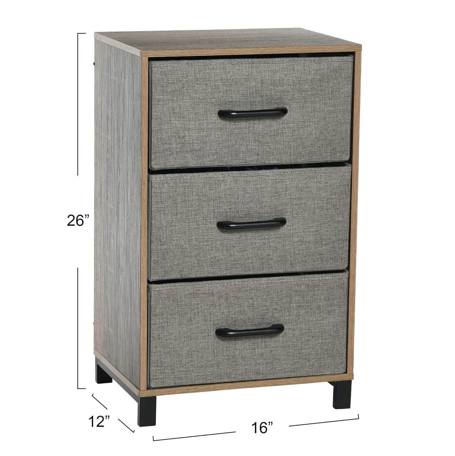 Household Essentials Dresser Nightstand Chest of Drawers Ashwood Rustic Wood Grain with 3 Grey Strorage Drawers
