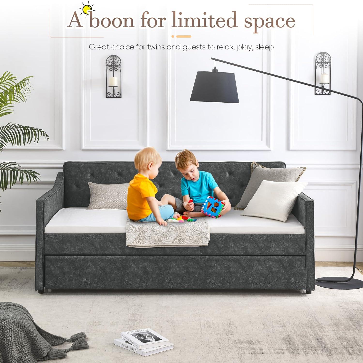 Kumix Twin Size Daybed with Trundle, Upholstered Tufted Sofa Bed with Waved Shape Arms for Kids Teens Adults Guest, Upholstered Tufted Daybed Frame for Bedroom, Noise-Free, Easy Assembly, Grey