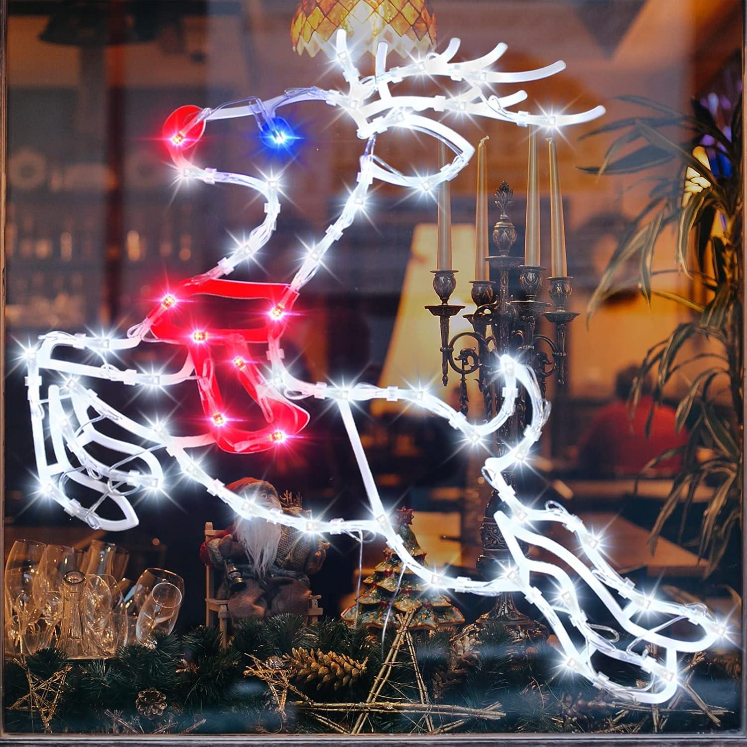 16 Inch Christmas Window Silhouette Lights Decorations, 4 Pack Waterproof Window Hanging Lights Elk, Christmas Tree, Santa Claus, Wreaths for Party, Home Indoor Outdoor Wall - 200 Mini Bulbs