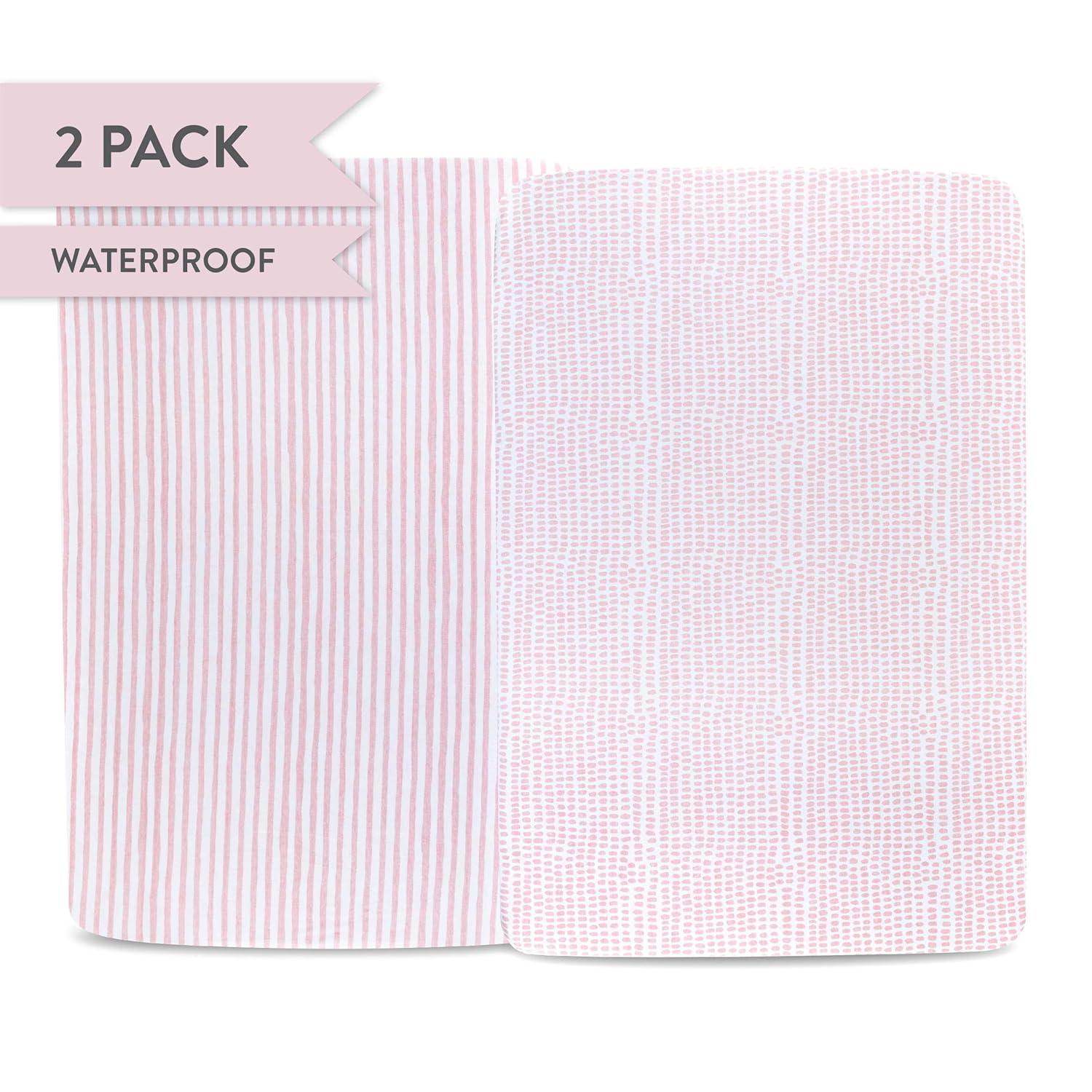 Ely's & Co. Baby Fitted Waterproof Crib Sheet  100% Combed Jersey Cotton  Mauve Pink Stripes & Splash 2 Pack