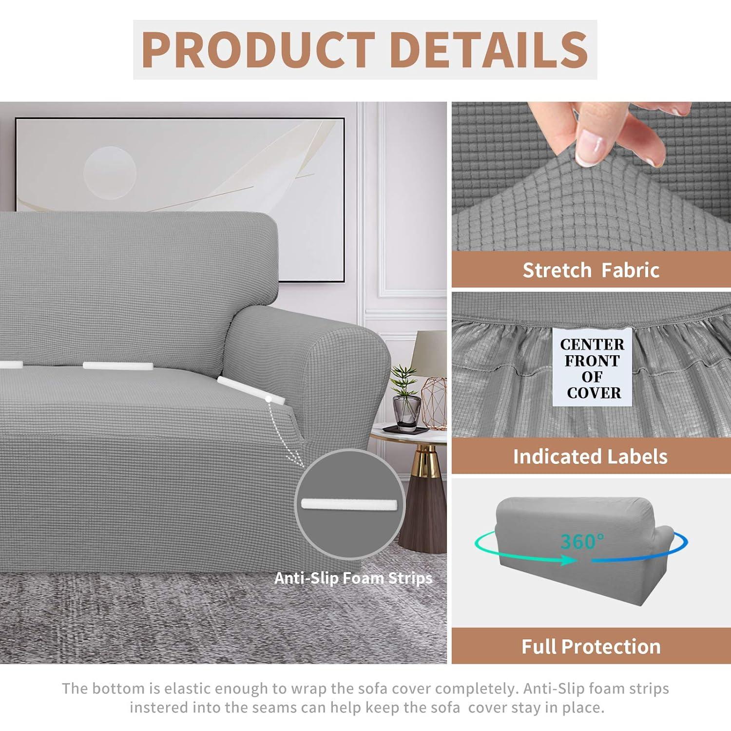 Easy-Going Stretch Jacquard Couch Cover, 1-Piece Soft Sofa Cover, Sofa Slipcover with Anti-Slip Foams, Washable Furniture Protector for Kids, Pets (Sofa, Light Gray1)