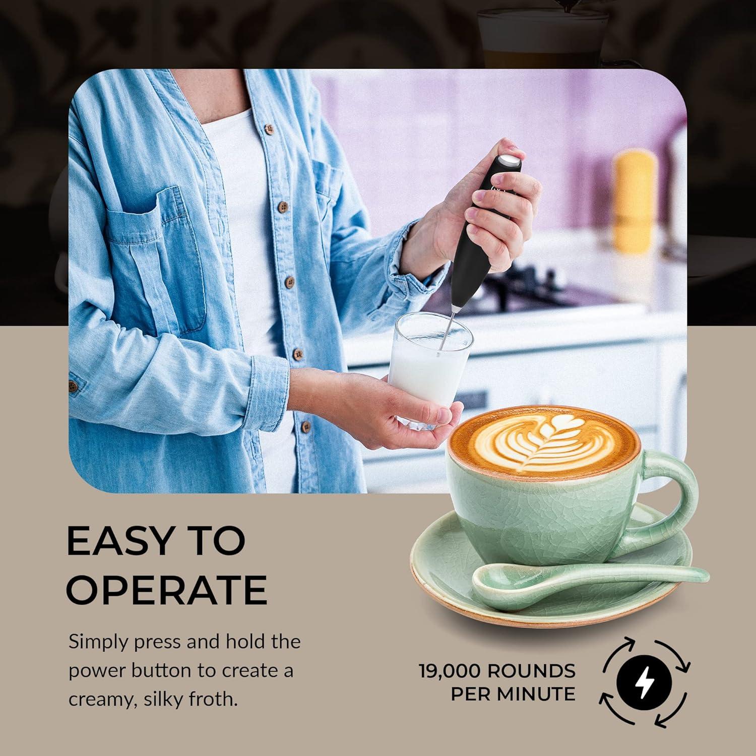 ChefWave Handheld Milk Frother (Black) with Stand - Stainless Steel Drink Mixer - Milk Foamer for Coffee, Lattes, Cappuccino, Frappe, Matcha, Hot Chocolate