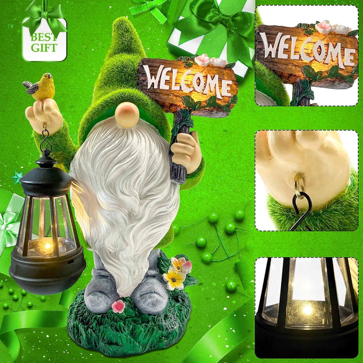 Outdoor Decor Large Flocked Resin Gnome Statue with Solar Lights and Lanterns Welcome Sign Garden Yard Decoration
