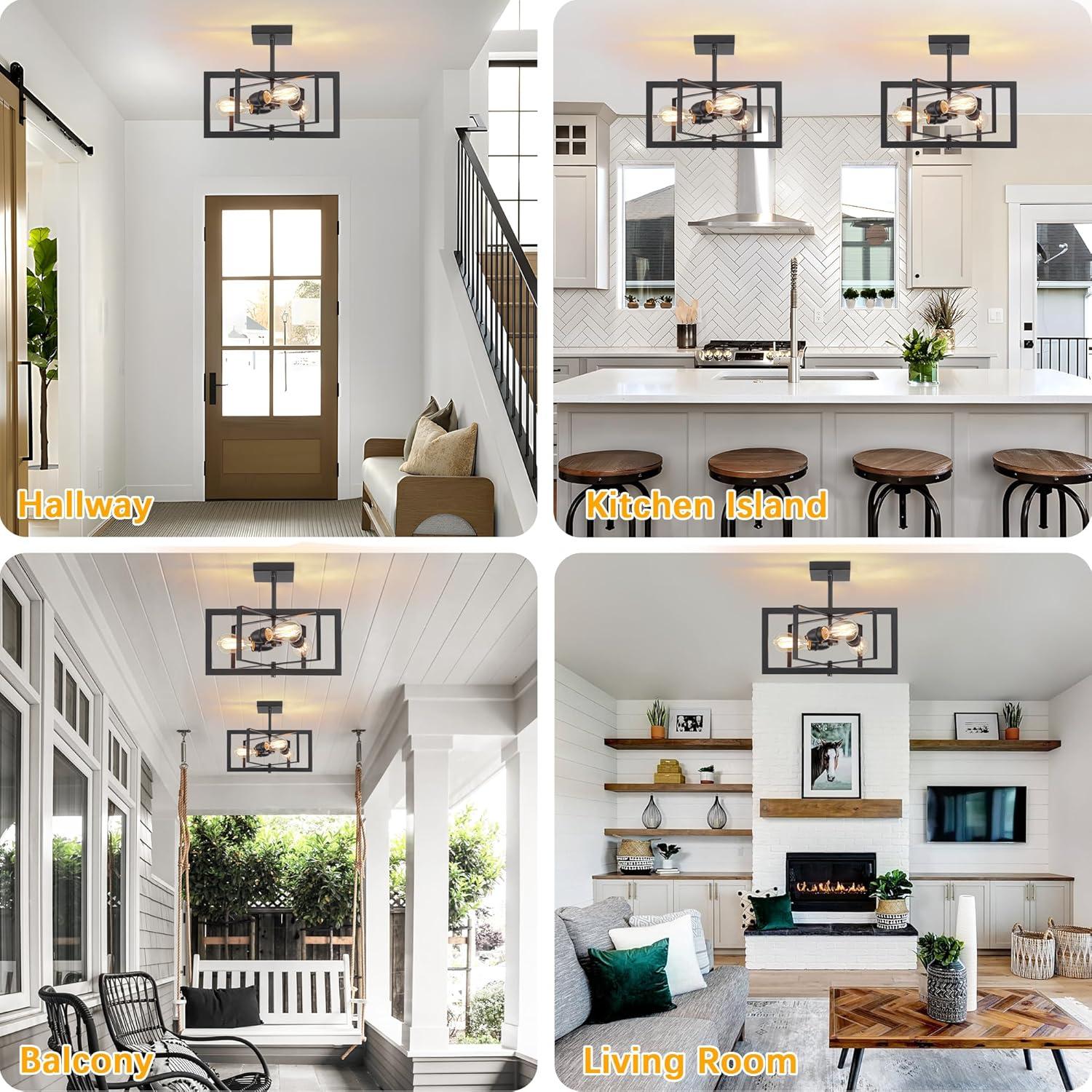 3-Light Black Ceiling Light Fixture for Dining Room Foyer Modern Farmhouse Lighting Fixtures Semi Flush Mount Rectangle Metal Ceiling Light for Bedroom Kitchen Island Entryway 15.74''