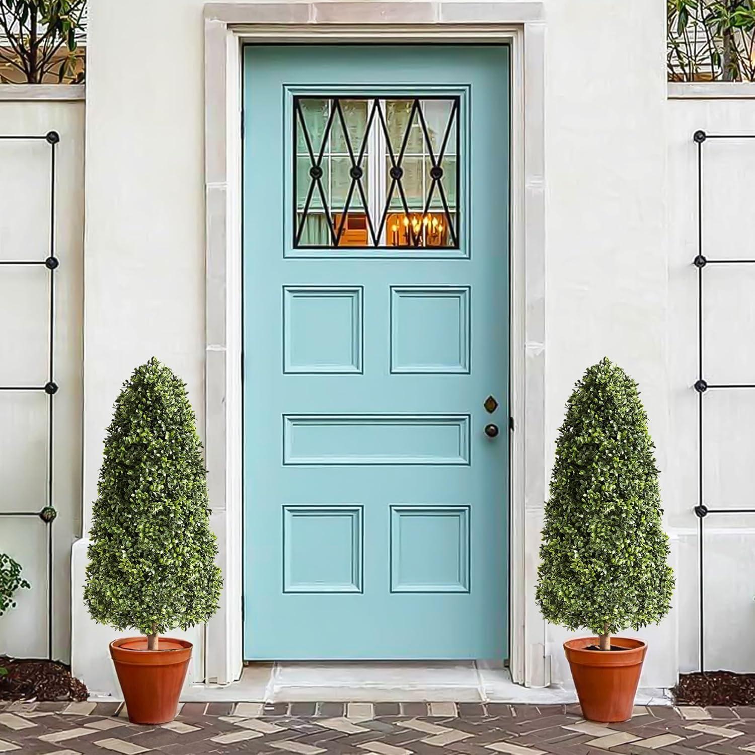 3ft Artificial Topiary Trees Set of 2, Faux Boxwood Tree for Outdoor Decor, Topiaries Plants Artificial Outdoors for Front Door Patio Garden C38