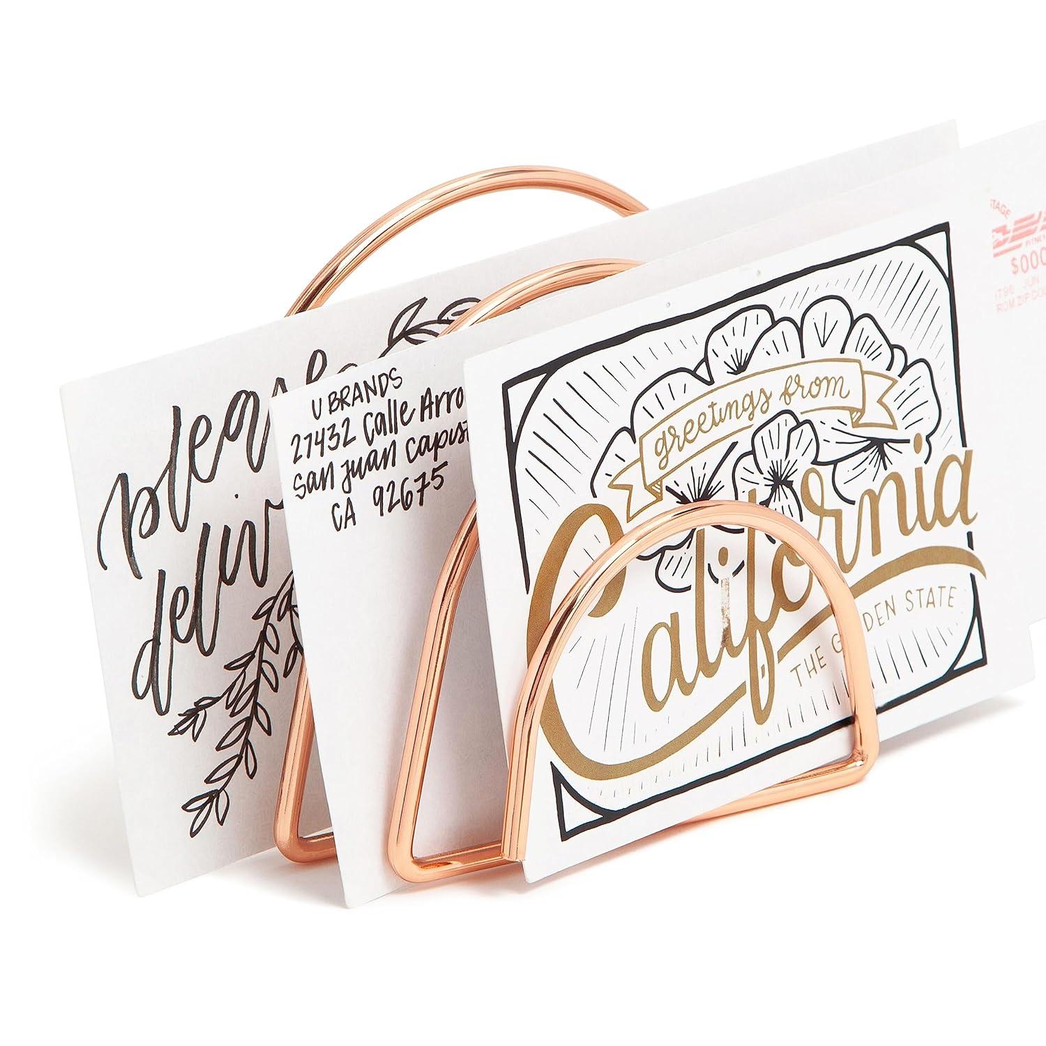 U Brands Letter-Size Desktop Fashion Filing Set, Rose Gold, (1) Rack, (3) Hanging Folders, (3) File Folders, (2) Trays,(1) Mail Sorter