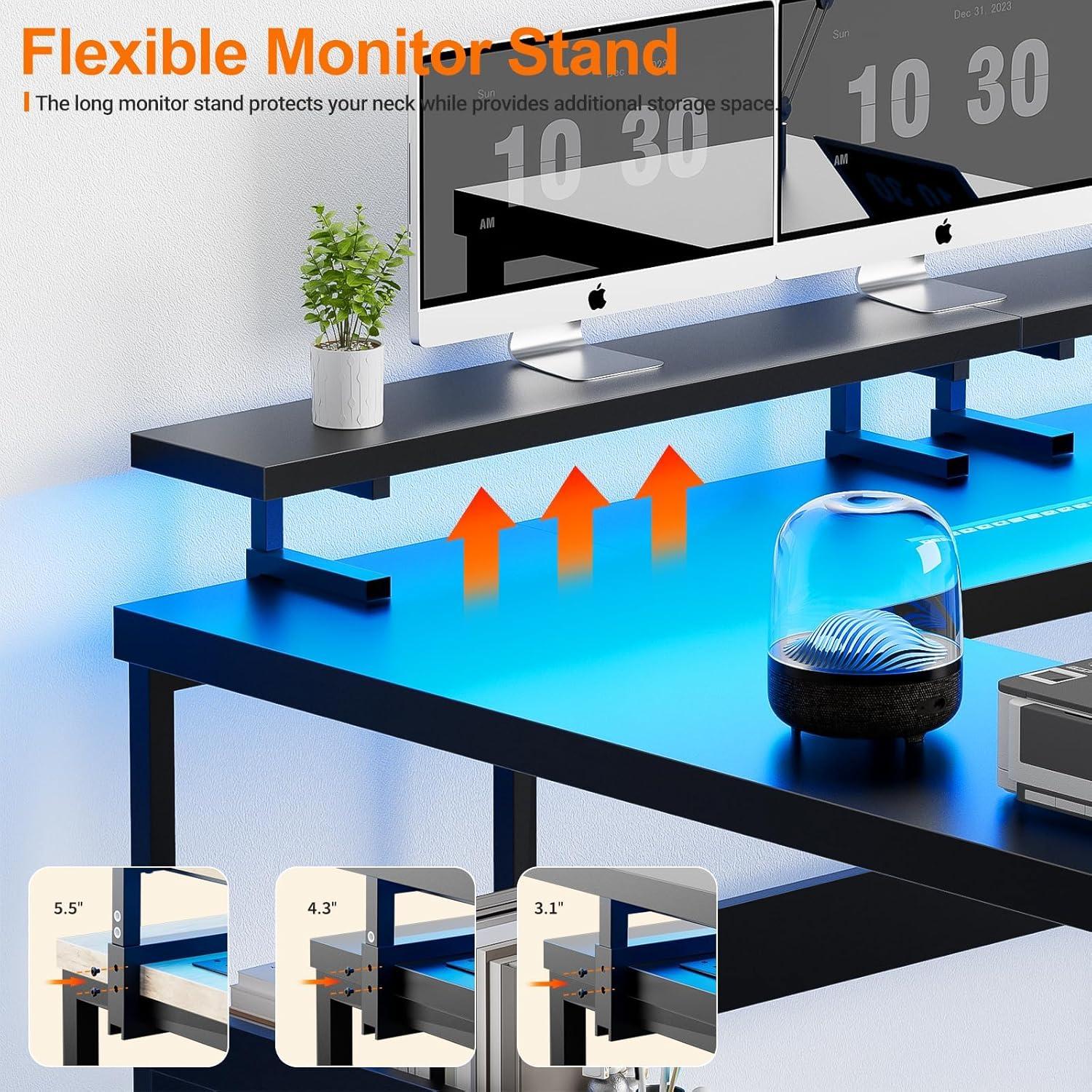 Jojoka U Shaped Computer Gaming Desk with LED Light & Power Outlets, Reversible 78.8" Large PC Desk with Monitor Stand & Storage Bag, Home Office Desk, Study Desk, Writing Desk, Workstation, Black