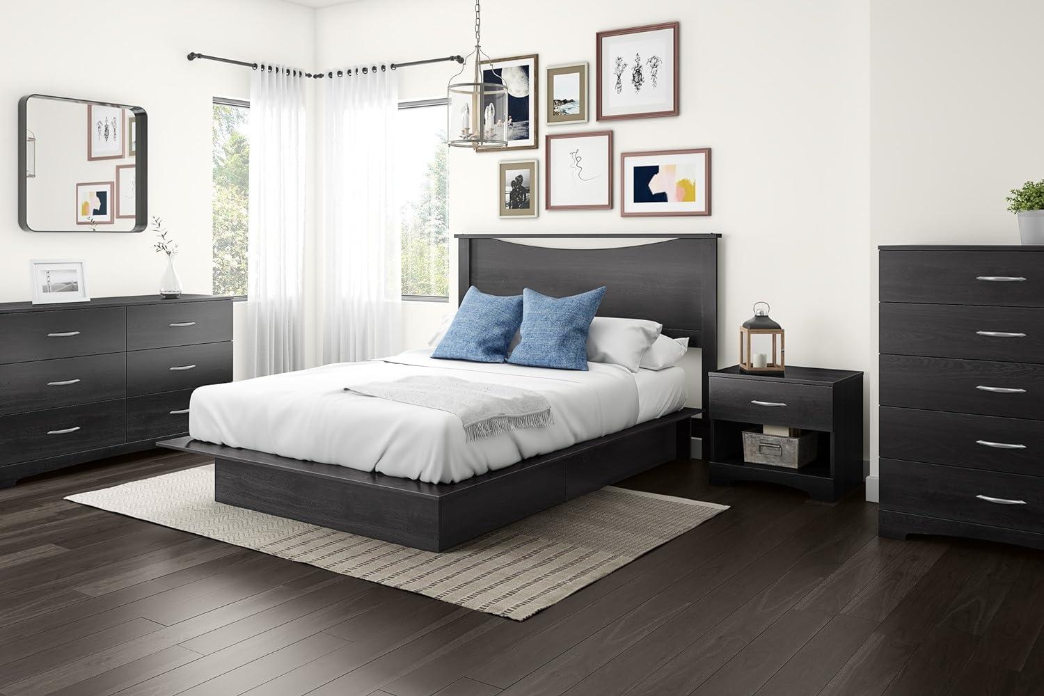 Queen-Sized Oak Wood Frame Platform Bed with Upholstered Storage Drawers