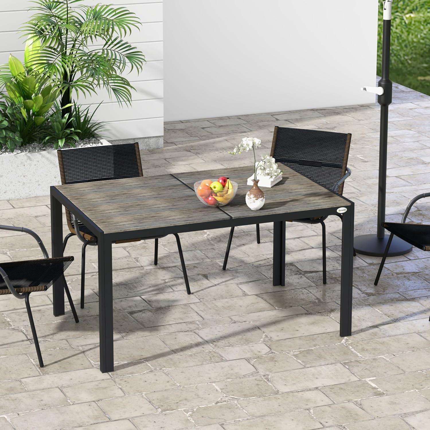 Outsunny Outdoor Dining Table for 6 People, Aluminum Rectangular Patio Table with Faux Wood Tabletop for Backyard, Lawn, 55" x 35.5", Gray