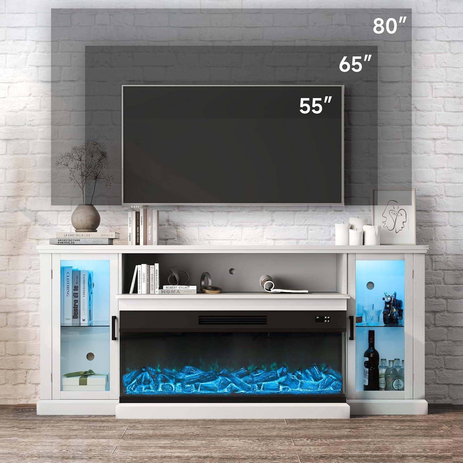 Real Relax Fireplace TV Stand for 80 inch TV, 72.8" Entertainment Center with 40 inch 3-Sided Electric Fireplace & LED Lights for Living Room, White