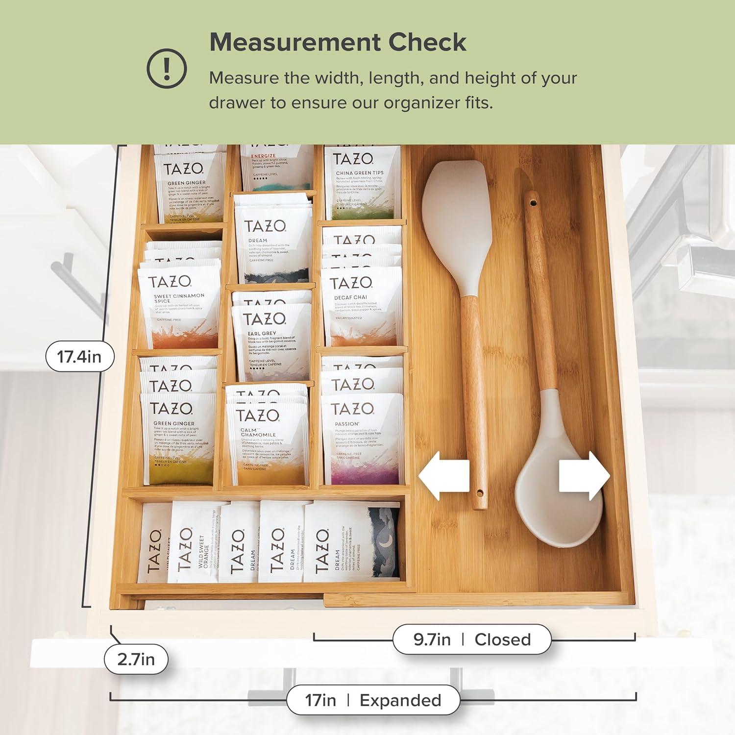 KitchenEdge Tea Bag and Coffee Pod Kitchen Drawer Organizer, Expandable 10 to 17 Inches, 10 Accessory Compartments with Adjustable Wall Inserts, Non-Slip Rubber Feet, 100% Sustainable Bamboo Wood