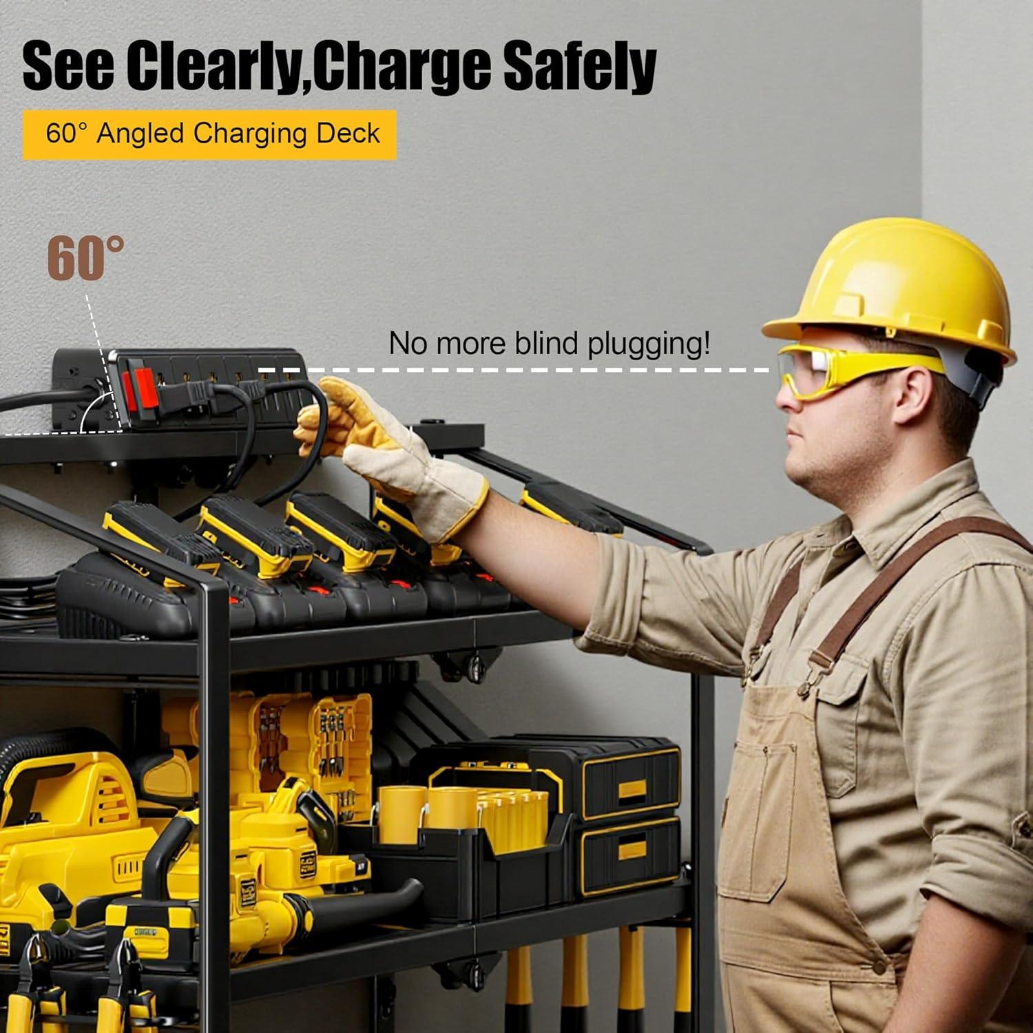 Spampur Power Tool Organizer Wall Mount with Charging Station, Garage Tool Shelf 6 Drill Holders, Tool Battery Holder with Plier holder Heavy Duty Rack, Tool Storage Rack with 4 Outlet Power Strip