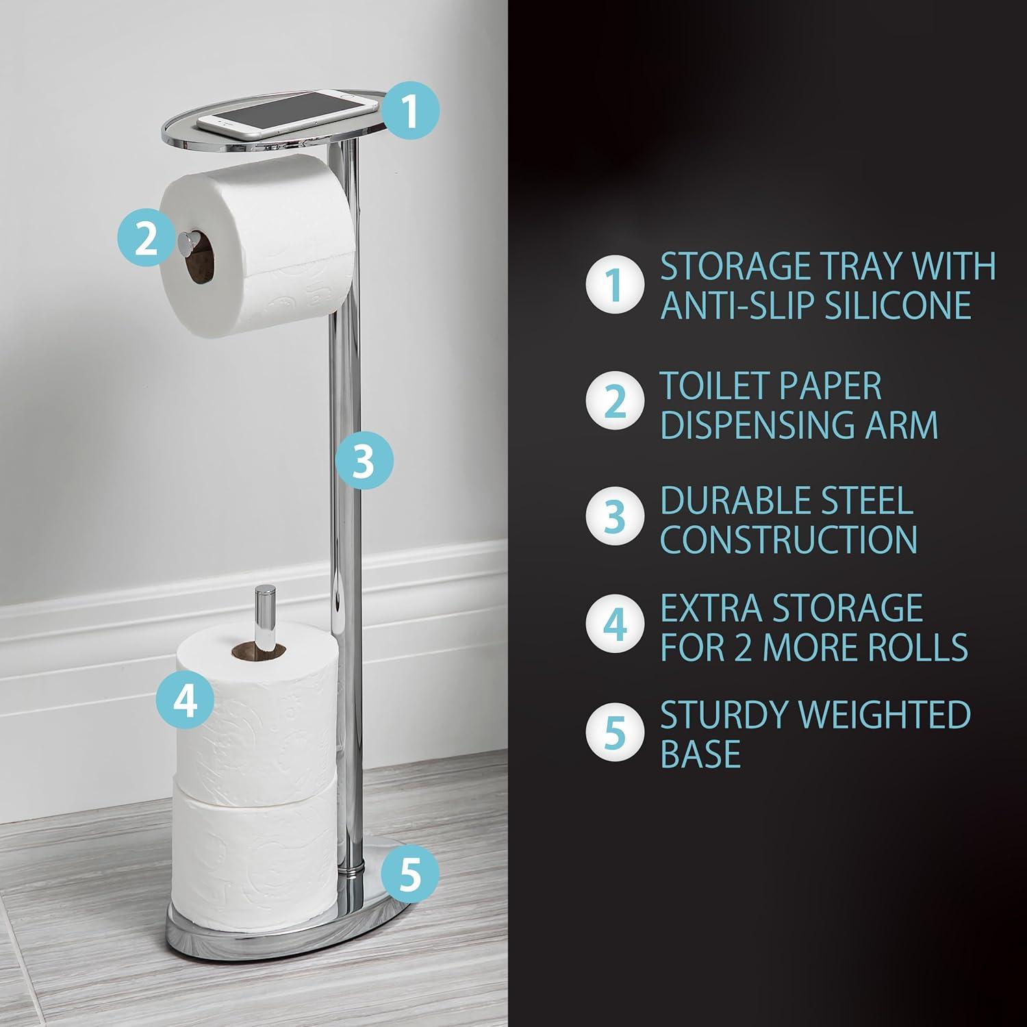 Ovo Multi Functional Toilet Caddy with Toilet Tissue Roll Reserve and Multi Use Tray Chrome - Better Living Products