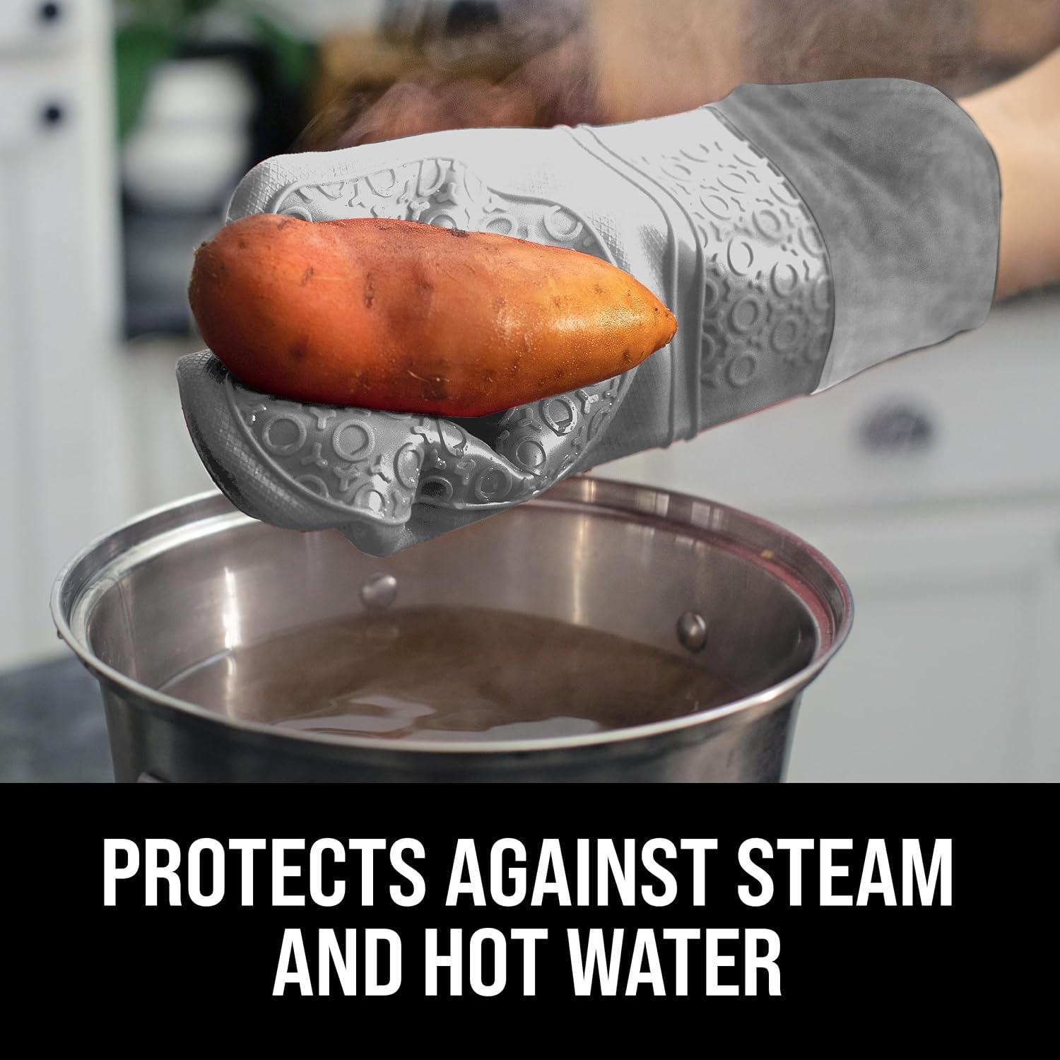 HOMWE Extra Long Professional Silicone Oven Mitt, Oven Mitts with Quilted Liner, Heat Resistant Pot Holders, Flexible Oven Gloves, Gray, 1 Pair, 14.7 Inch