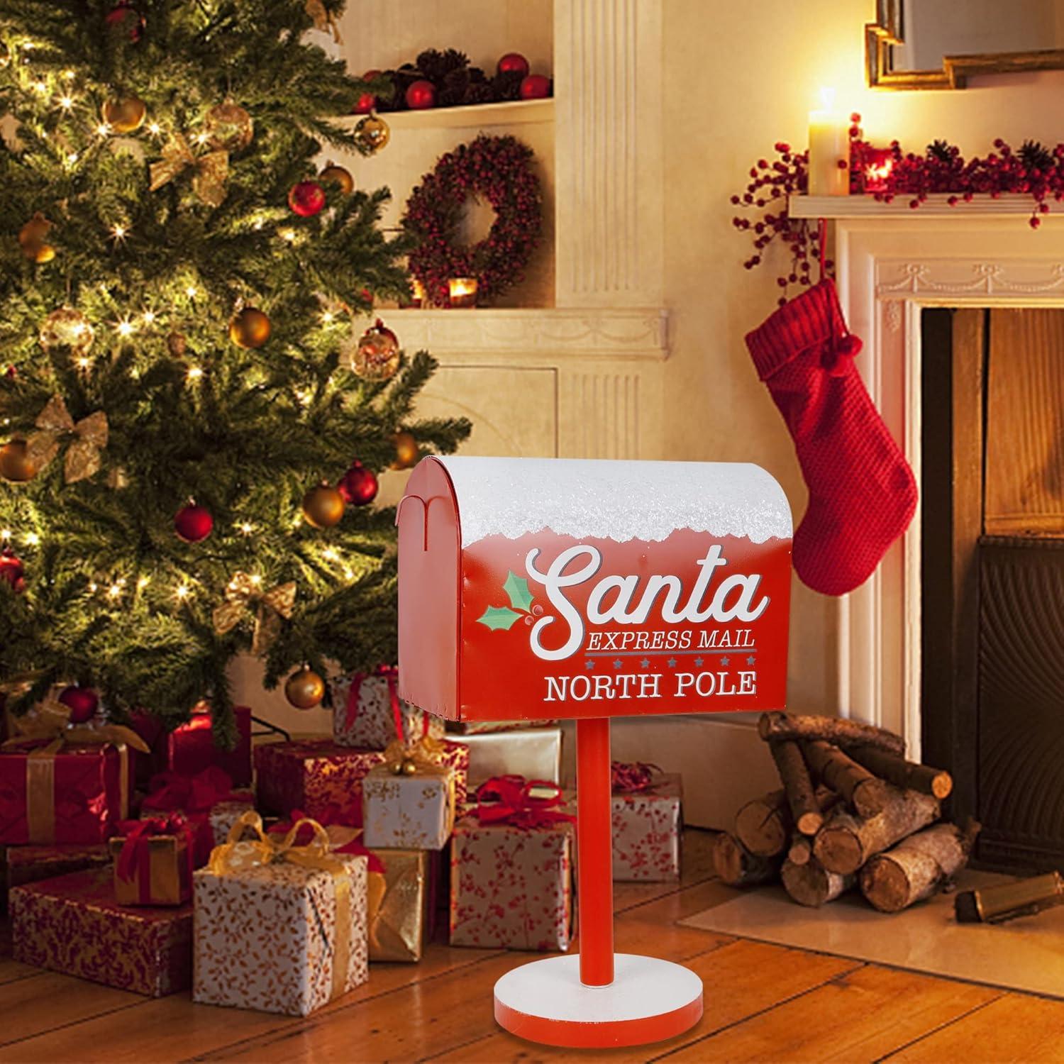 Christmas Decorations Santa Mailbox, 15.5" H x 9.5" W Express Mail to North Pole Metal Letter Box, Christmas Decorative Box for Home Room Indoor Outdoor Front Door Xmas Holiday Party