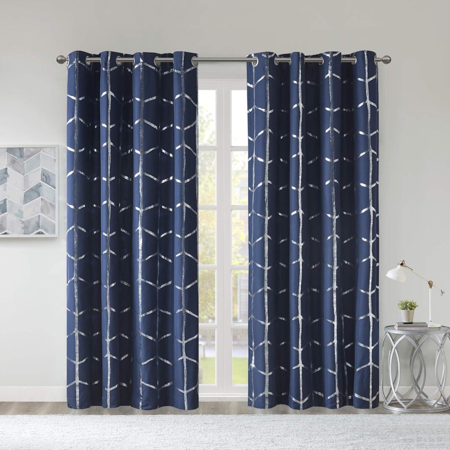 63"x50" Arielle Total Blackout Metallic Printed Curtain Panel Navy: Intelligent Design, Geometric Grommet Top, Energy Efficient