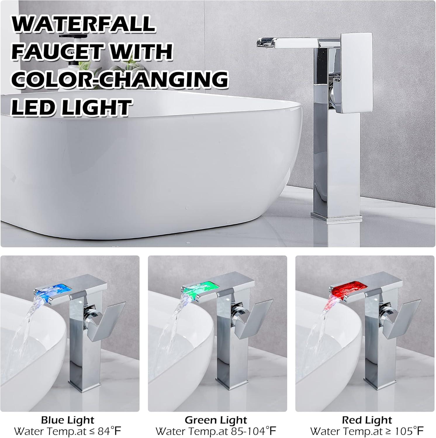 YCCUZA Y217H-C Single Hole Faucet Single-handle LED Bathroom Vessel Sink Faucet with Drain Assembly
