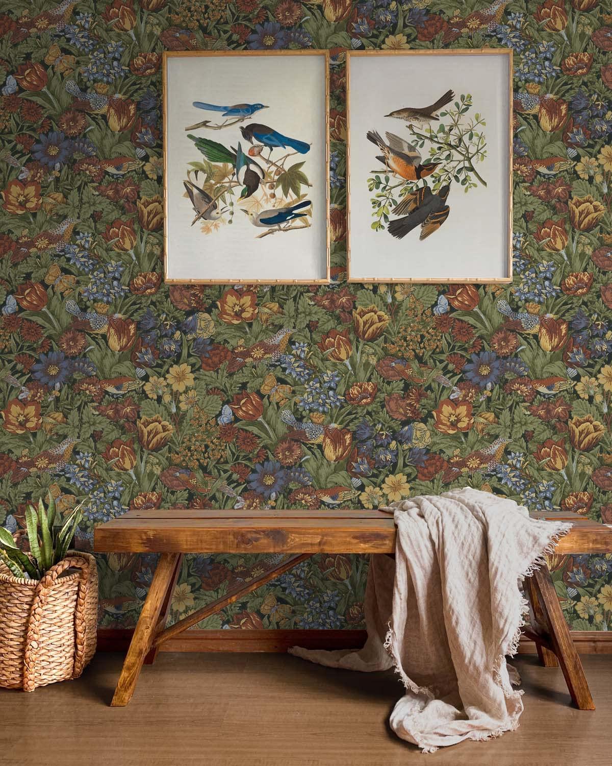 NextWall Russet and Riverside Bird Floral Peel and Stick Wallpaper
