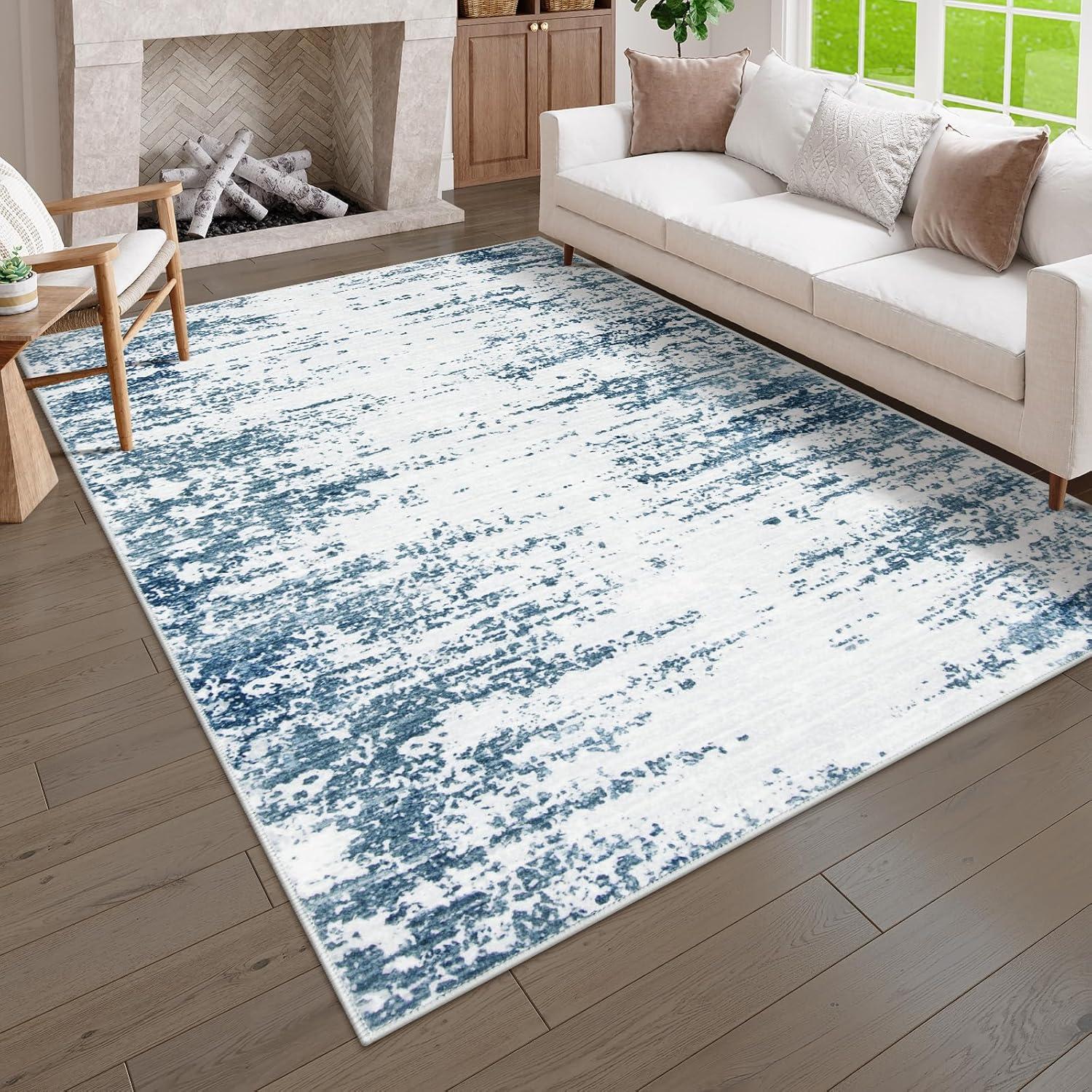 Garvee 5'x7' Modern Blue Abstract Area Rug Machine Washable Contemporary Rug Soft Foldable Thin Accent Rug Anti-Slip Non-Shedding Floor Carpet