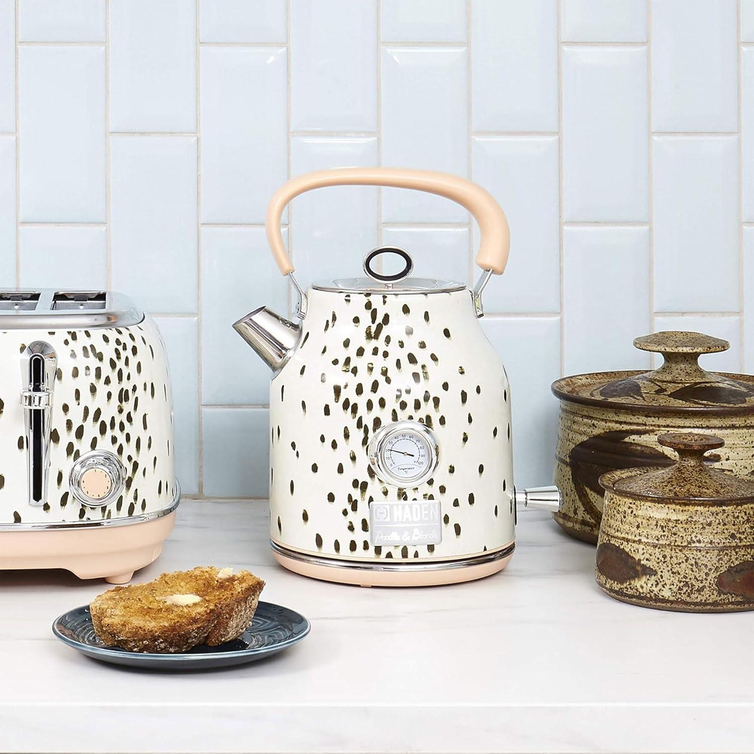 Haden Margate Poodle and Blonde Electric Kettle 1.7 Liter Cordless Stainless Steel with Tottenham Dalmatian Print and Auto Shut Off, Multicolor