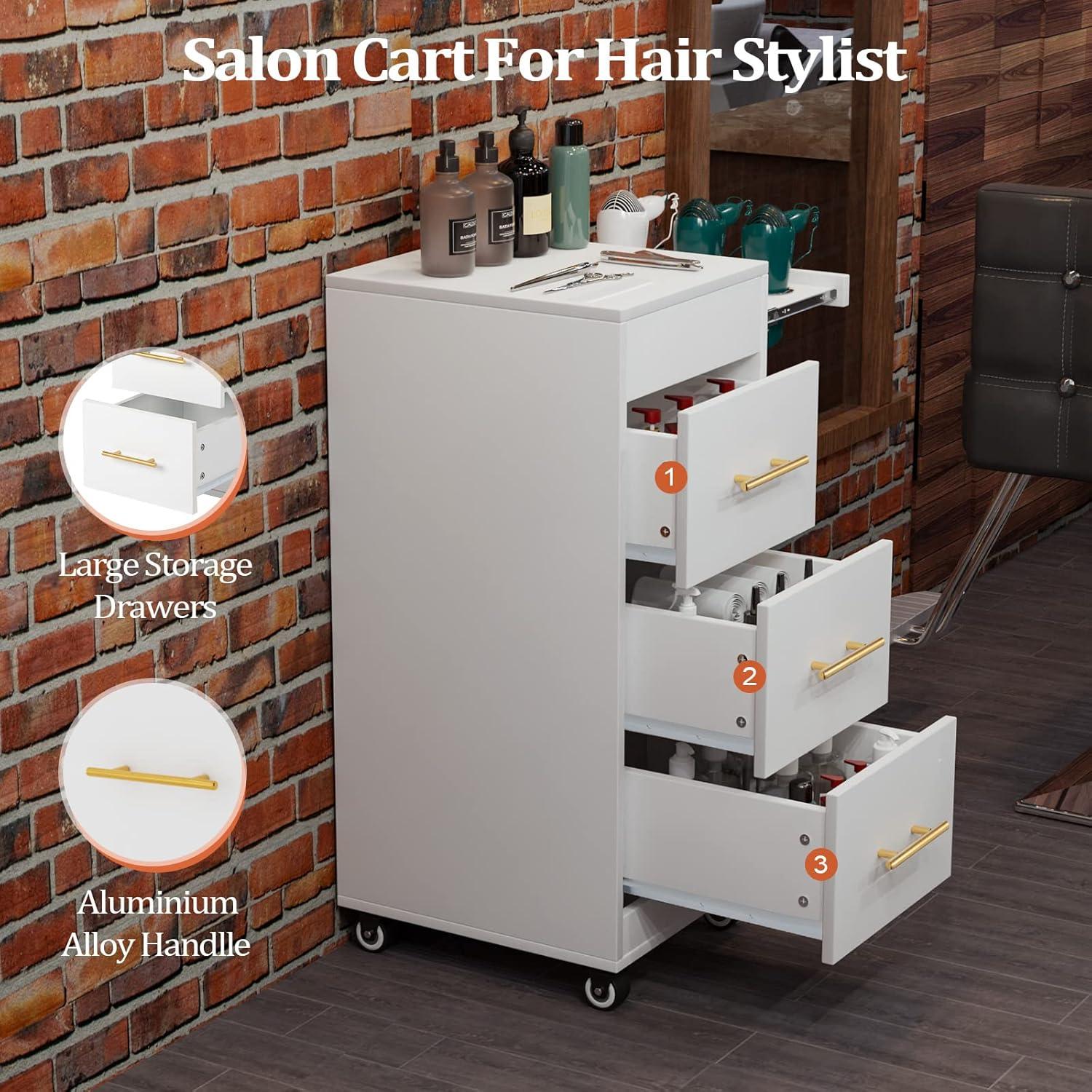 Wood Salon Trolley Cart with Wheels, Hair Cart Mobile Storage Cabinet, Hairdressing Styling Tools Organizer, Rolling Salon Station for Beauty Spa Barbershop Tattoo (White)