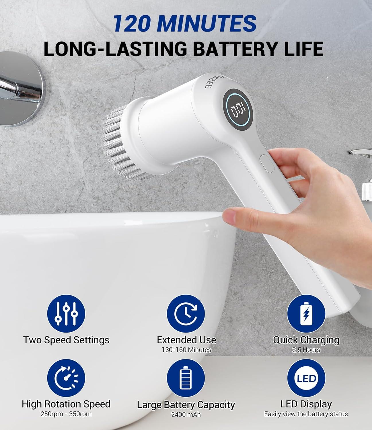 AIRSEE Cordless Electric Spin Scrubber, Handheld Power Shower Cleaner Brush, 2 speeds, 6 Replaceable Brush Heads for Cleaning Floor, Window, Bathroom, Kitchen, for Elderly & Busy Family