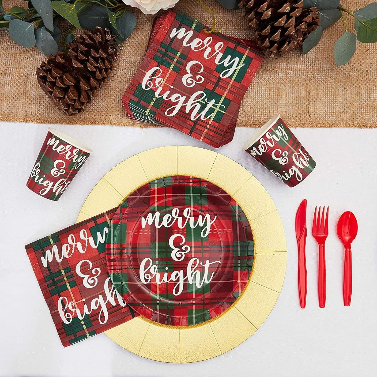 Juvale 144 Piece Christmas Dinnerware with Plaid Paper Plates, Napkins, Cups, Cutlery, Merry & Bright (Serves 24) - Paper Plate - Christma Napkin
