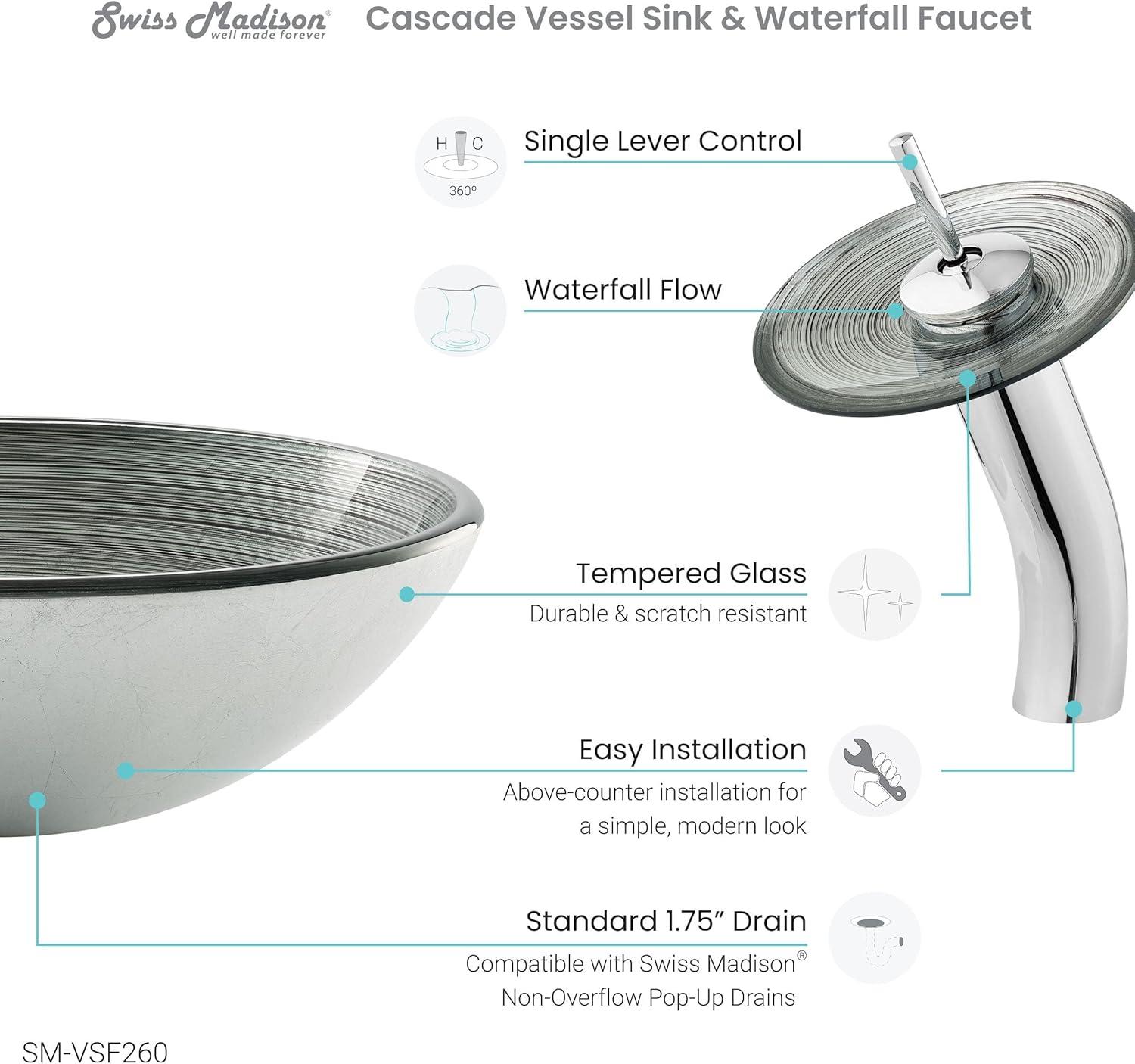 Swiss Madison Cascade 16.5 Glass Vessel Sink with Faucet, Smoky Grey