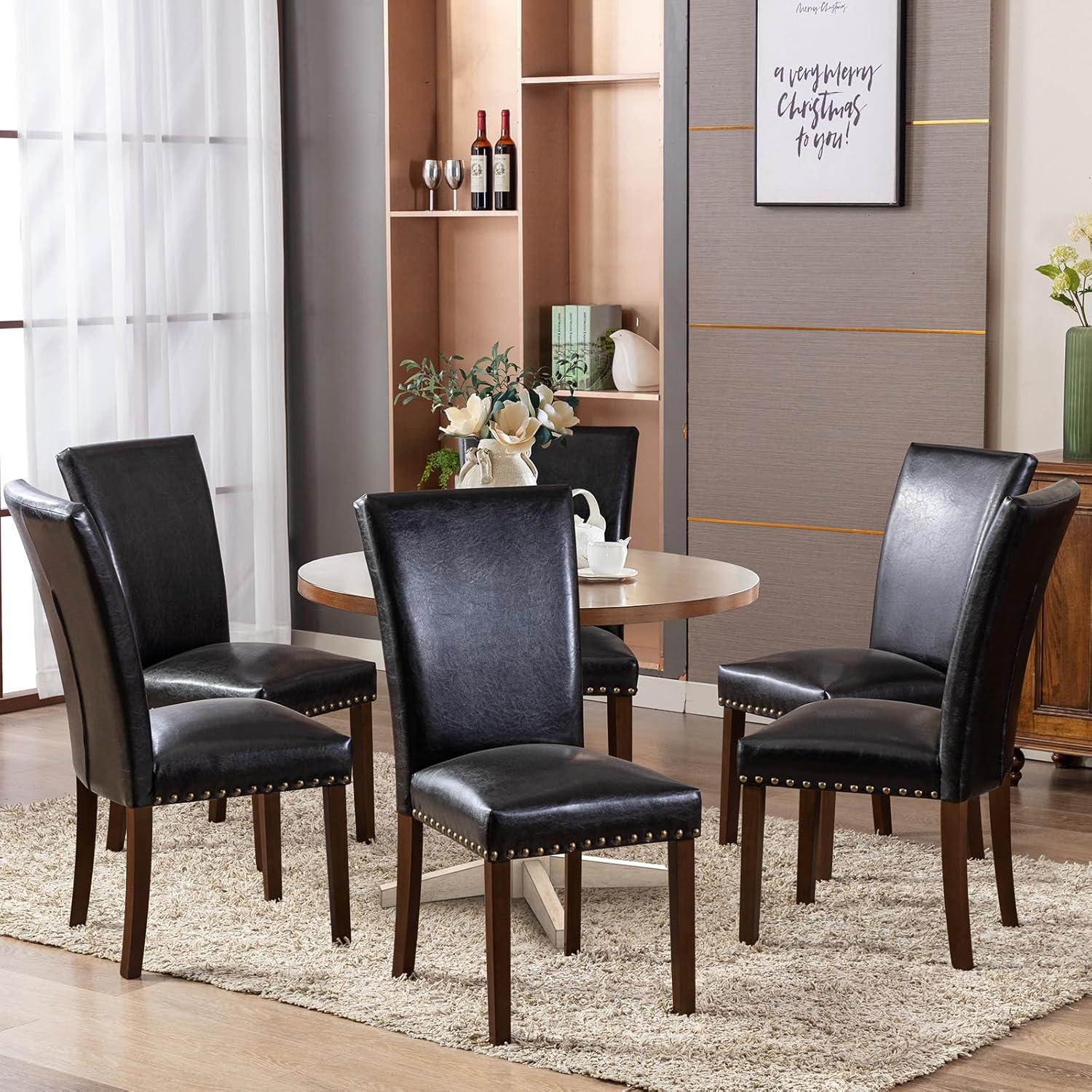 Colamy Black Upholstered Wood Legs Parsons Leather Dining Chairs with Nail head Trim Set of 2 for Dining Room