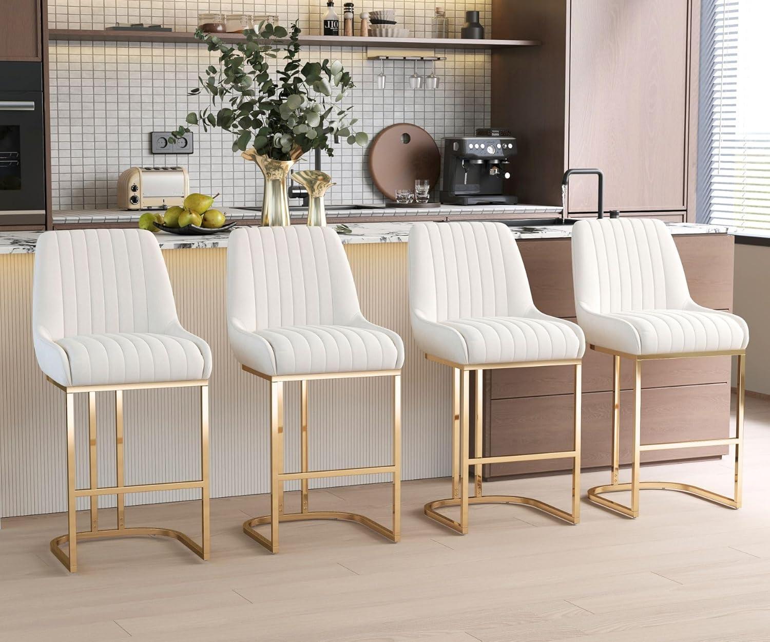 Counter Height Stools Set of 2, Velvet Bar Stools with 27 Inches Upholstered Seat Height, Handmade Woven Back Armrest, Sturdy Golden Metal Legs for Home Dining Pub Kitchen Island, Beige