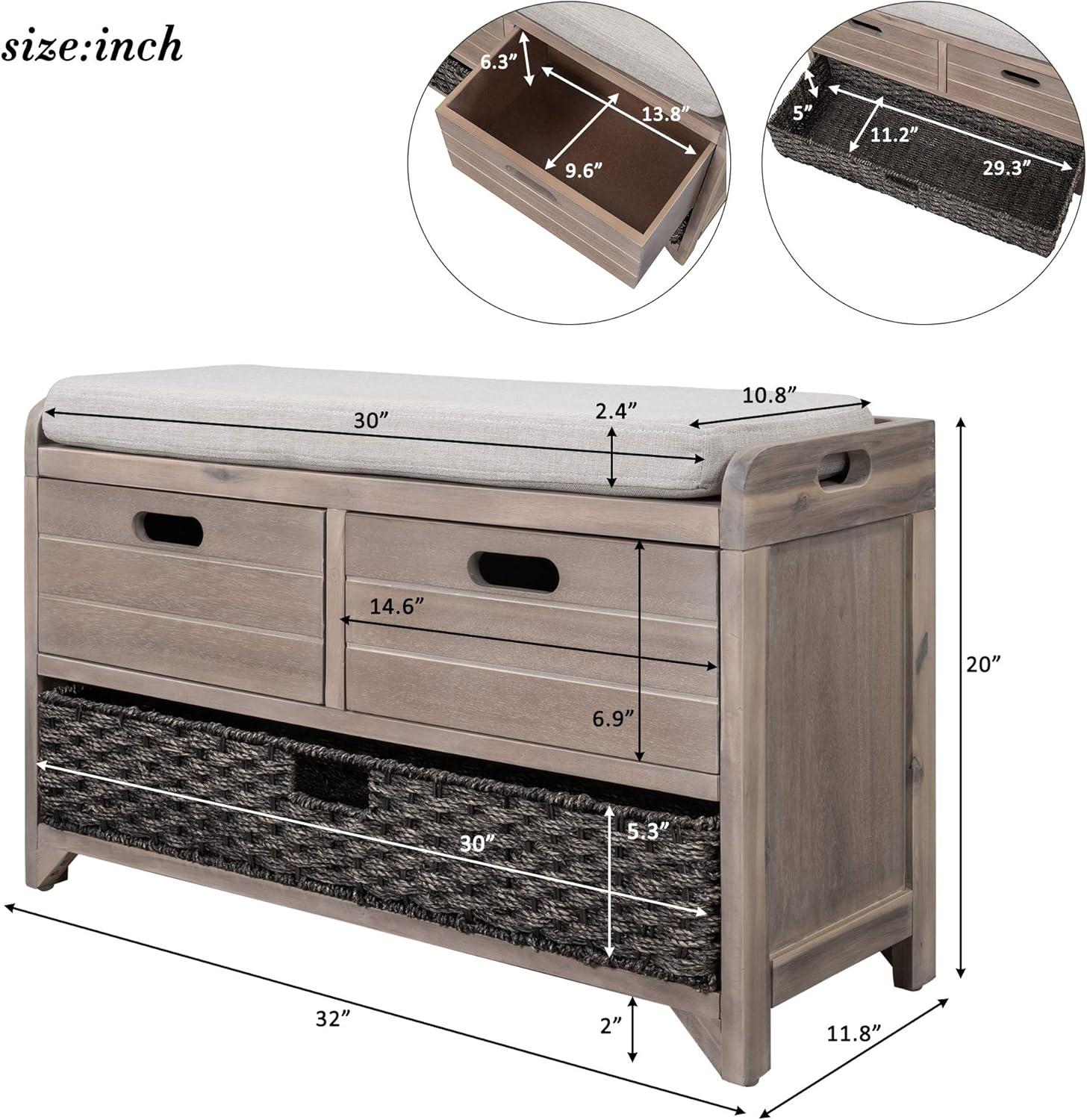 Knocbel Farmhouse Storage Bench, Hallway Entryway Bedroom Cabinet with Drawers, Removable Cushion & Wicker Basket, Fully Assembled, 32" L x 11.8" W x 20" H (White Washed)