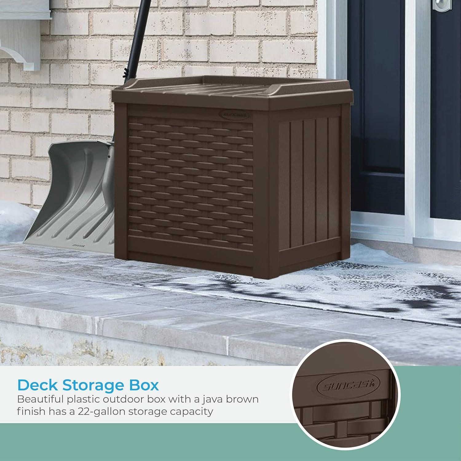 Suncast Suncast Wicker 22 Gallon Water Resistant Resin Deck Box with Storage Seat in Java