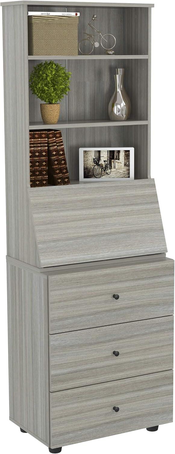 Computer Credenza Workcenter Gray - Inval: Smoke Oak Laminate, Glass Doors, Cable Management