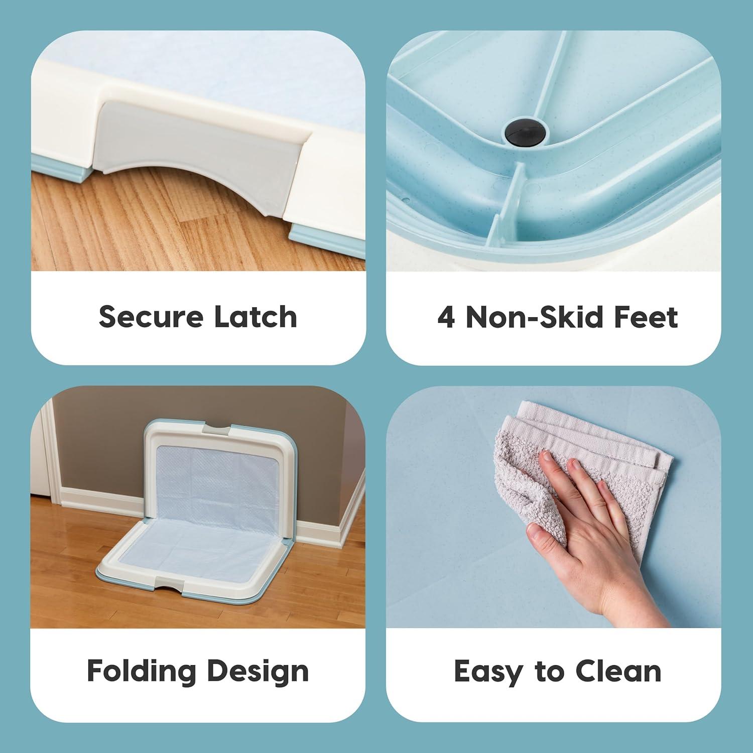 IRIS USA Pee Pad Holder - For Large Sized Dog and Puppy Pee Pads, Secured Latches, Non-Skid Feet, High Polish Finish for Easy Cleaning, Leak Protection, Fits 23"x35" Pad or Larger, Square, Blue