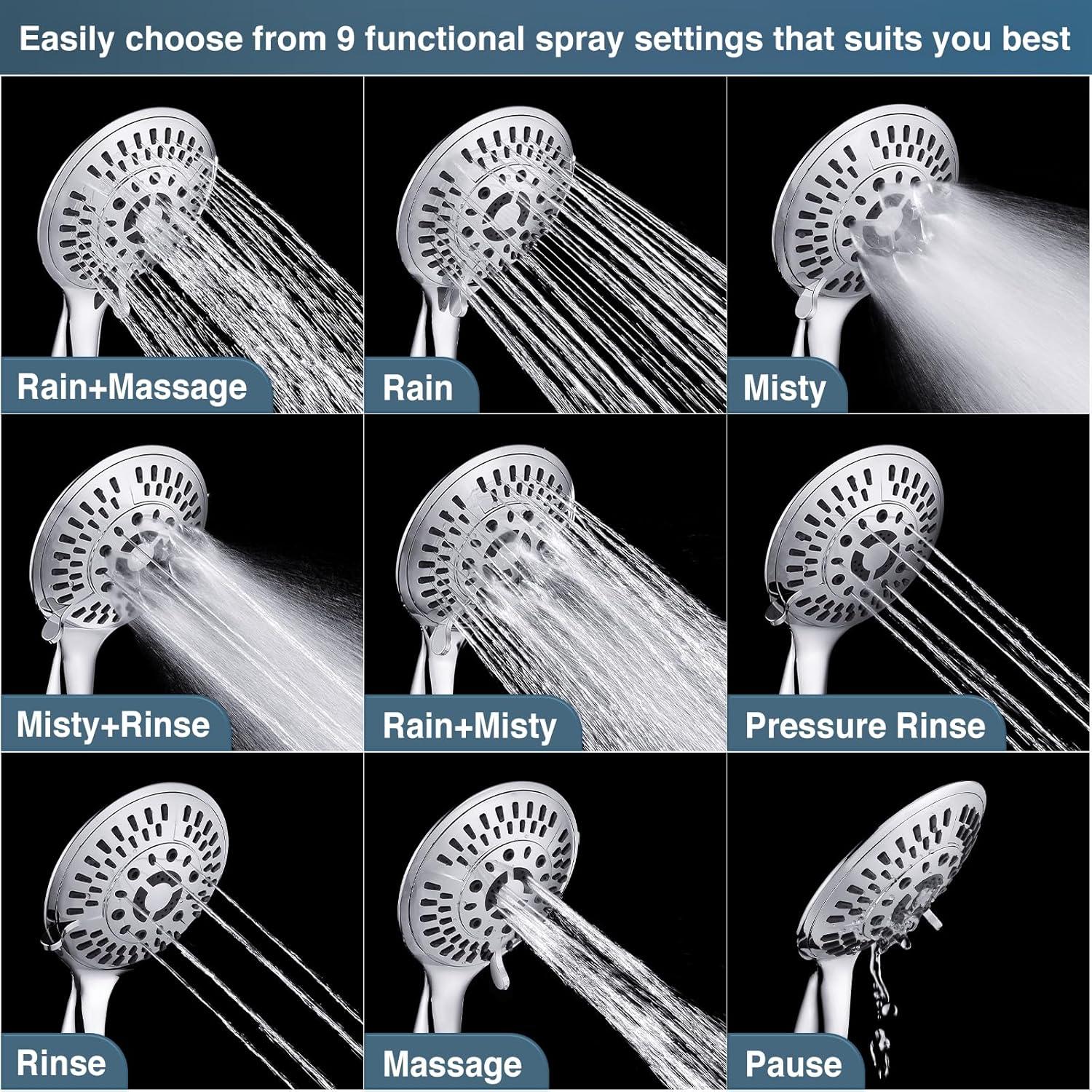 BRIGHT SHOWERS 9 Spray Settings Handheld Shower Head Set High Pressure Chrome Hand Held Showerhead with 60 Inch Flexible Shower Hose and Adjustable Shower Arm Mount Bracket