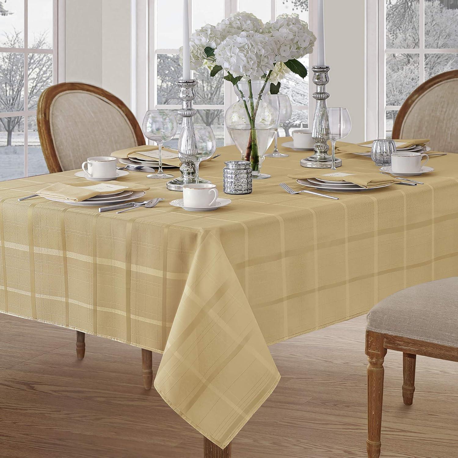 Elegance Plaid Stain & Water Resistant Tablecloth - 60" x 144" Rectangle - Ribbon Gold - Elrene Home Fashions