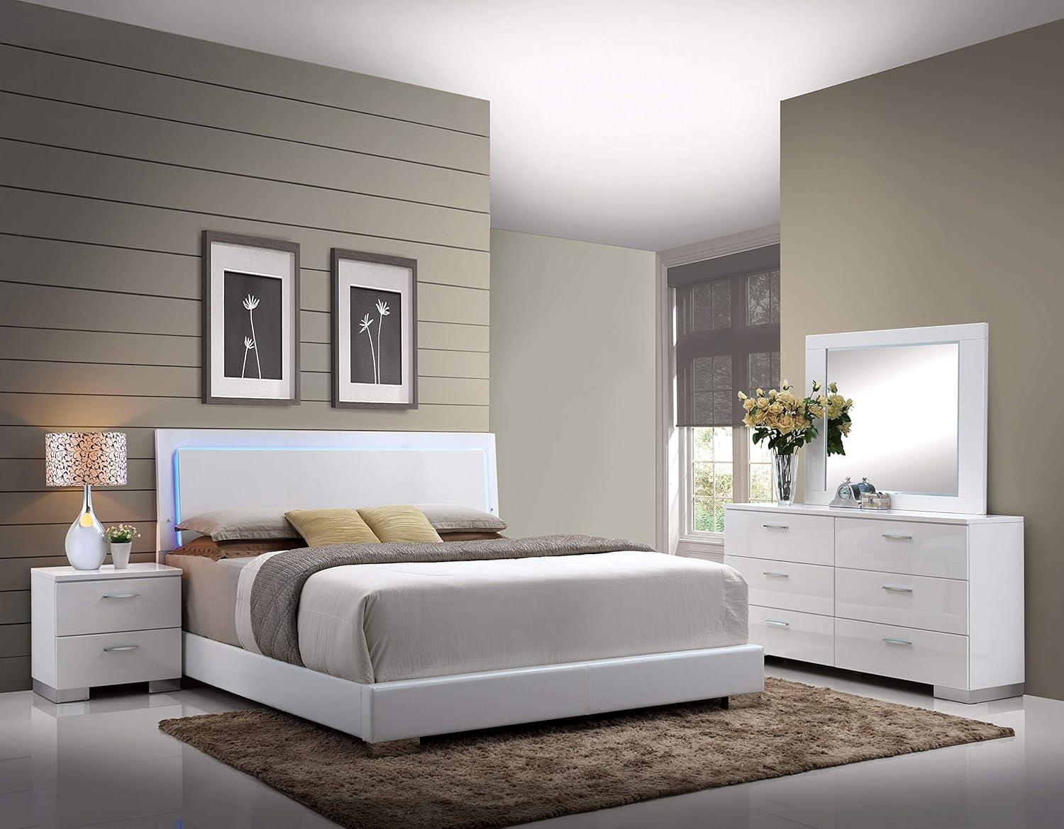 Lorimar High Gloss White Queen Bed with LED Headboard and Faux Leather