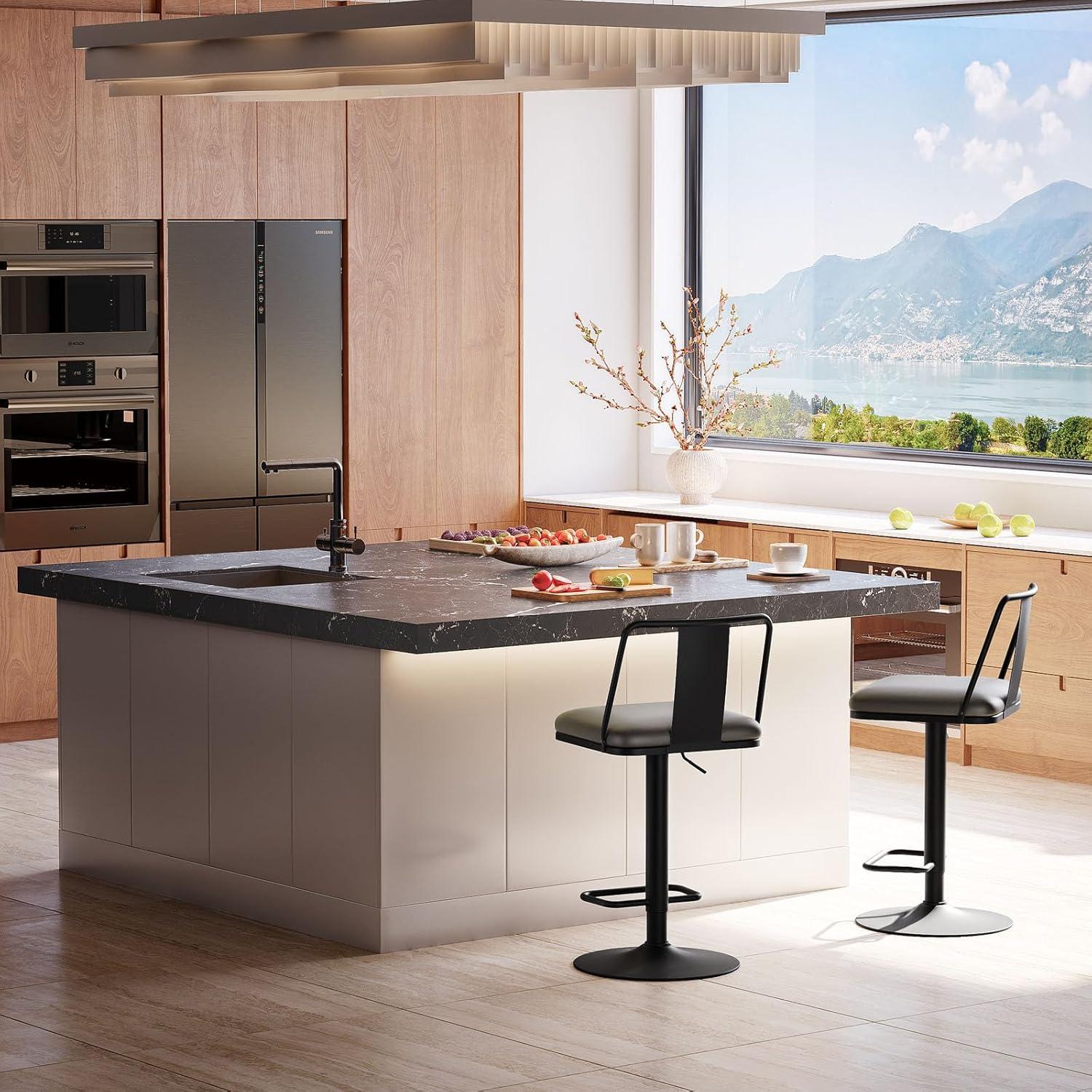 Metal Swivel Barstools Set of 2, Enlarged PU Leather Seat with Metal Back, Adjustable from 24" to 33" for Counter Height & Bar Height, Modern Design for Kitchen and Restaurant,MatteBlack