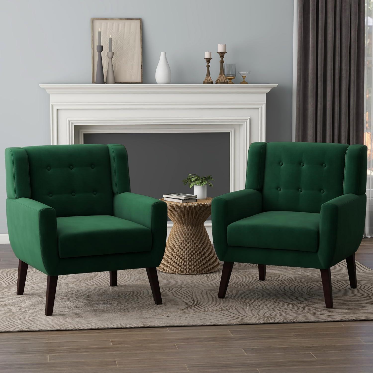 UIXE Velvet Accent Chair Chair Set of 2 Upholstered Comfortable Armchair Modern Chairs with Solid Wooden Legs for Living Room Office, Retro Green