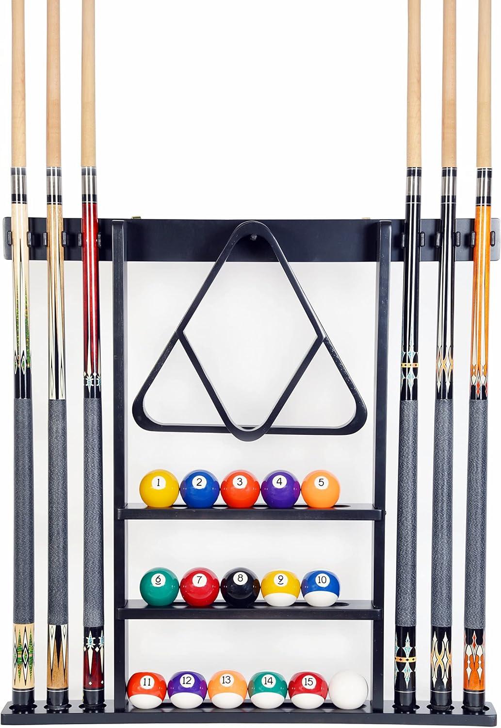 ISZY Billiards Wooden Wall Mounted Pool Cue Accessories Billiard Ball and Stick Holder Rack, Holds 6 Pool Cues and Full Set of Balls