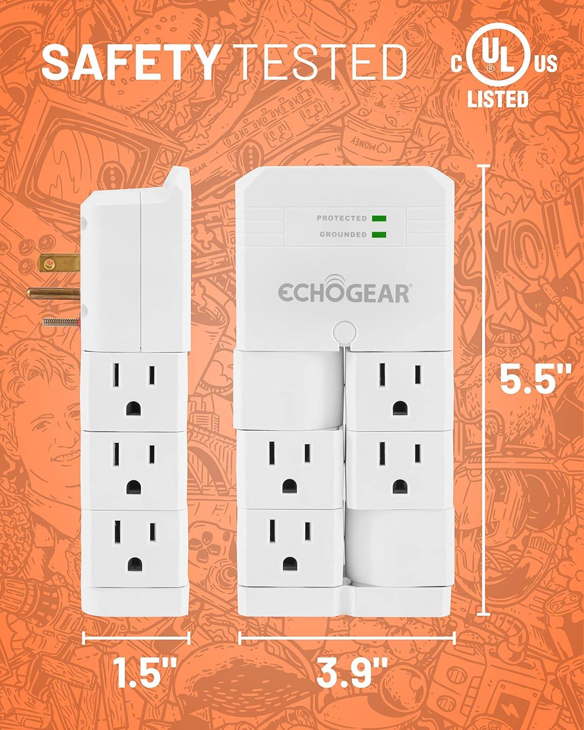 ECHOGEAR On Wall Surge Protector Outlet, Multiplug Wall Outlet with 6 Pivoting AC Outlets, White