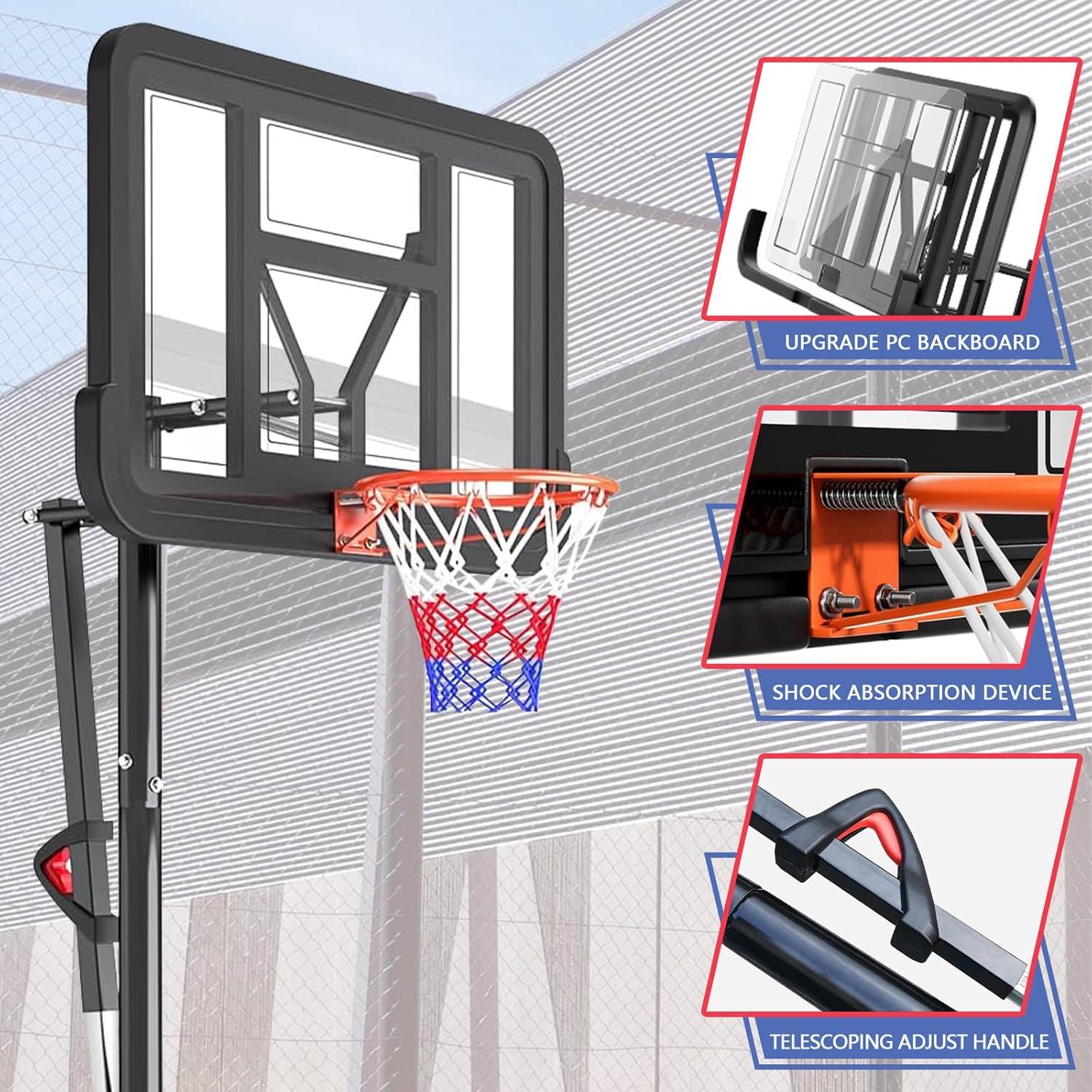 Portable Basketball Hoop,5.5-10FT Height Adjustable Outdoor Basketball Hoop Goal with 44 Inch Impact Backboard and Portable Wheels for Youth Adults Play in Backyard/Courts/Indoor