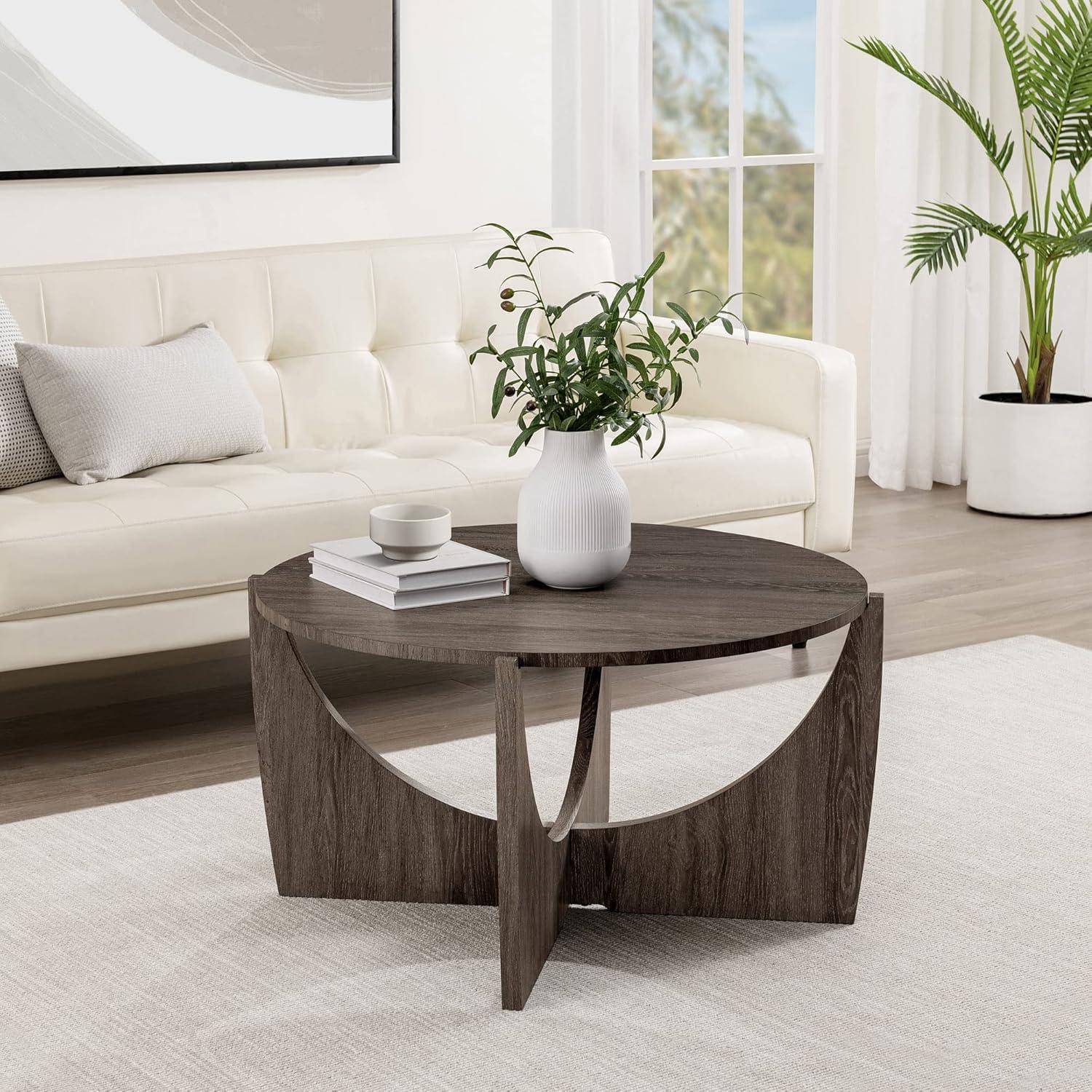 Cerused Ash Round Faux Wood Coffee Table with Open Base